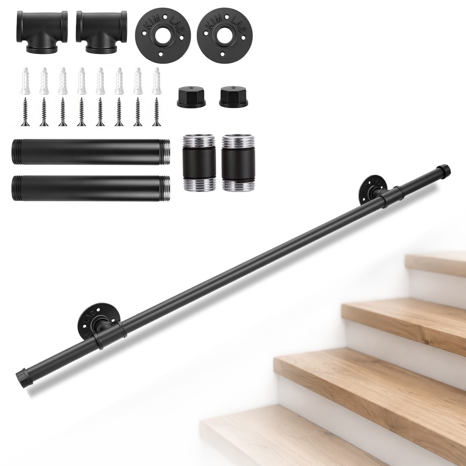BlingBin Treppengeländer Treppenhandlauf aus Metall, Wandmontage Industrieller Handlauf, 100 cm Länge, Wandmontiertes Geländer, 27-tlg., 100 cm - 2,5 cm Durchmesser, Rohr handlauf, Griffstange treppe wand, Schwarz