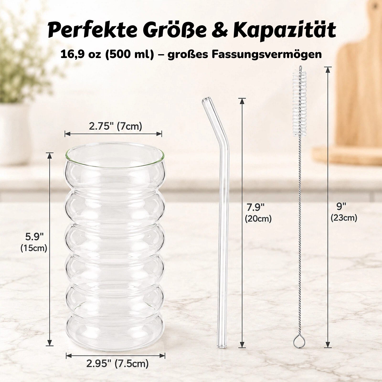 BlingBin Latte-Macchiato-Tasse 4 Stück Gerippte Trinkgläser Getränkegläser, Espressotassen Gläser Set, 4-tlg., Glas, Kaffeetassen Mit 4 Straws Für Cappuccino, Latte, Kaffee, Milch, 500ML
