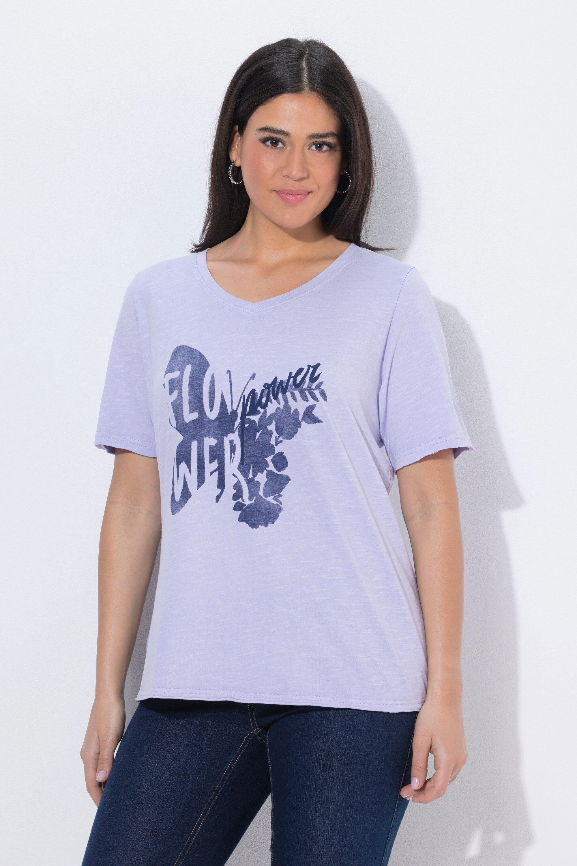 Ulla Popken T-Shirt T-Shirt Schmetterling Classic V-Ausschnitt Halbarm