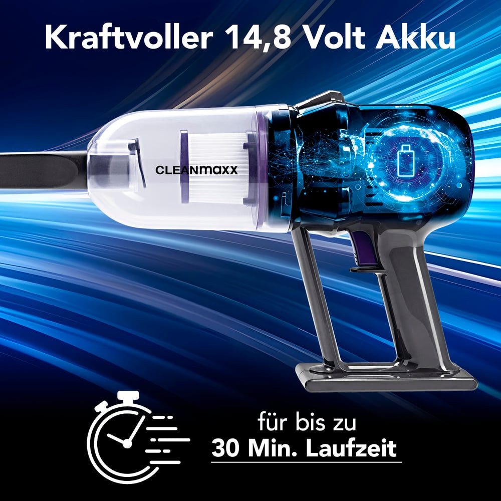 CLEANmaxx Akku-Hand-und Stielstaubsauger Akku-Hand- & Bodenstaubsauger 14,8V, beutellos, 30 Min. Laufzeit, kabellos, leistungsstark, wiederaufladbar