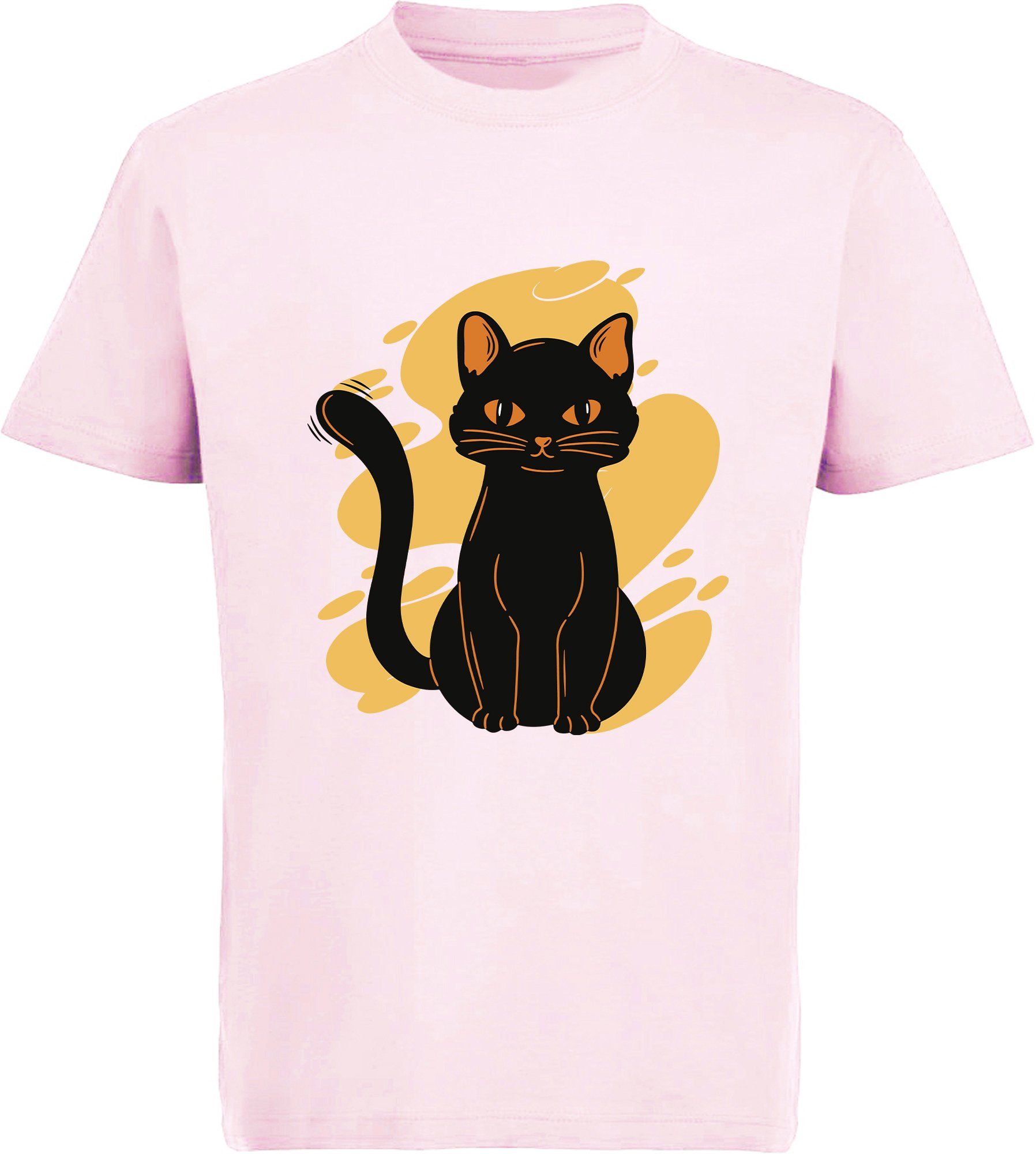 i104 100% Baumwolle T-Shirt sitzende Mädchen schwarze MyDesign24 Aufdruck, rosa, bedrucktes Kinder rot, Print-Shirt Katze schwarz, weiß, mit Katzen