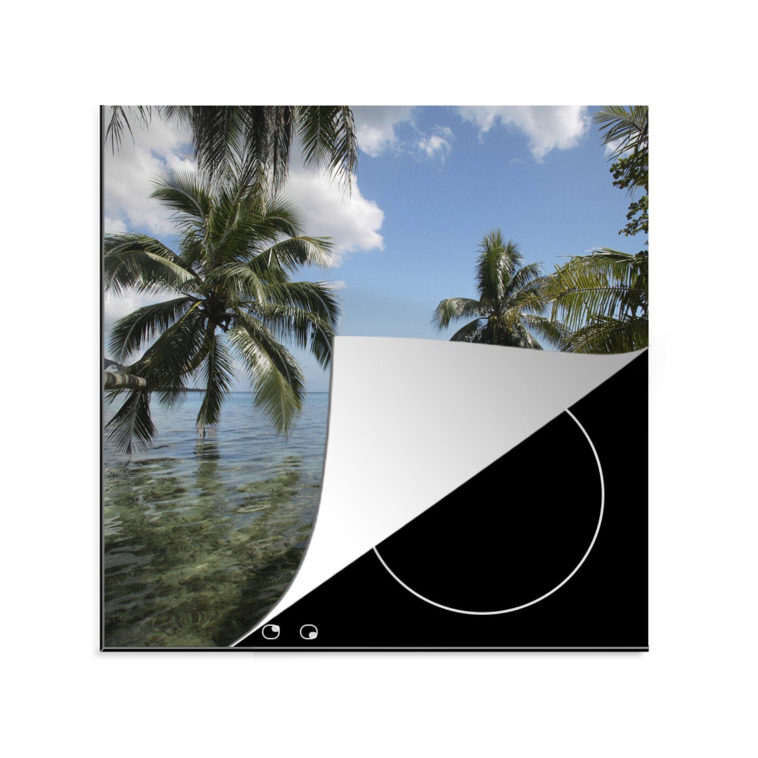 Mo'orea, Spiegelung 78x78 cm, Vinyl, Meer für küche MuchoWow Arbeitsplatte im Herdblende-/Abdeckplatte tlg), Palmen von (1 Ceranfeldabdeckung, der