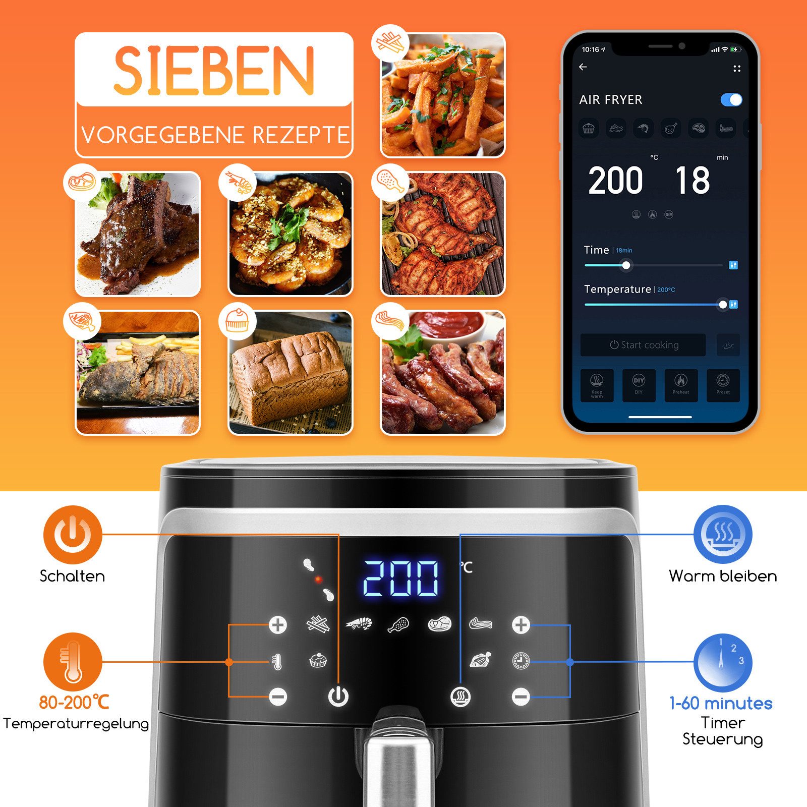 Aigostar Heißluftfritteuse Intelligente WLAN, 7L, LED-Touchscreen, 7 Programme, 20 Rezepte, DIY-Menü, 1900,00 W, 7 Programme, 20 Rezepte pdf, DIY-Menü