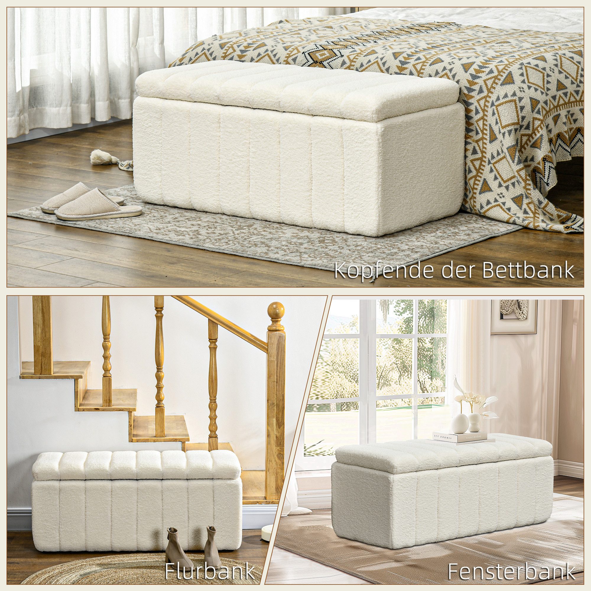 HOMCOM Polsterbank mit Stauraum, Teddy-Vlies-Optik (Truhenbank, 1-St., Sitztruhe), für Flur, Schlafzimmer, Wohnzimmer, 102 x 45 x 46 cm, Cremeweiß