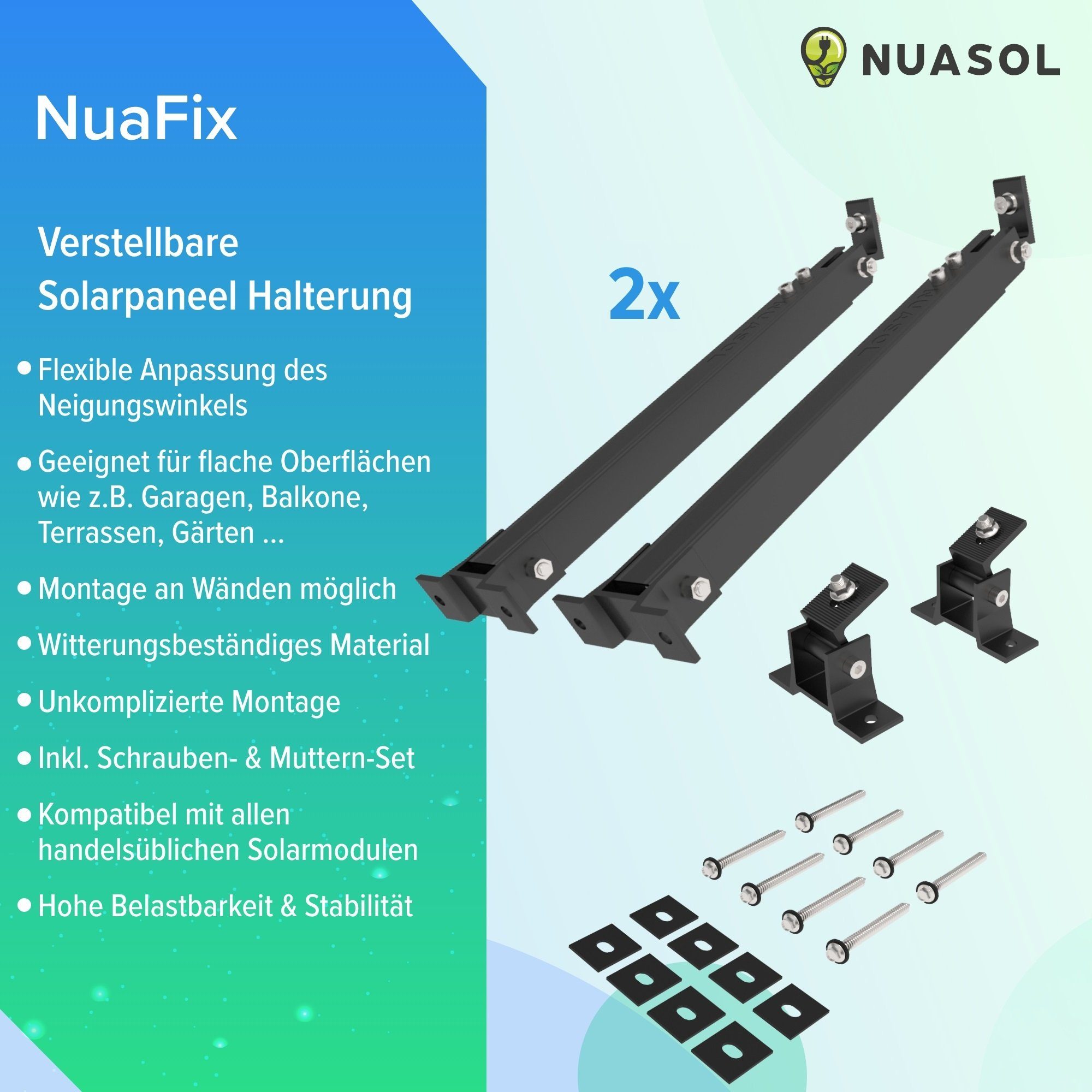 NuaSol Solarmodul-Halterung 2x verstellbar Neigungswinkel 15° - 60° siber / schwarz