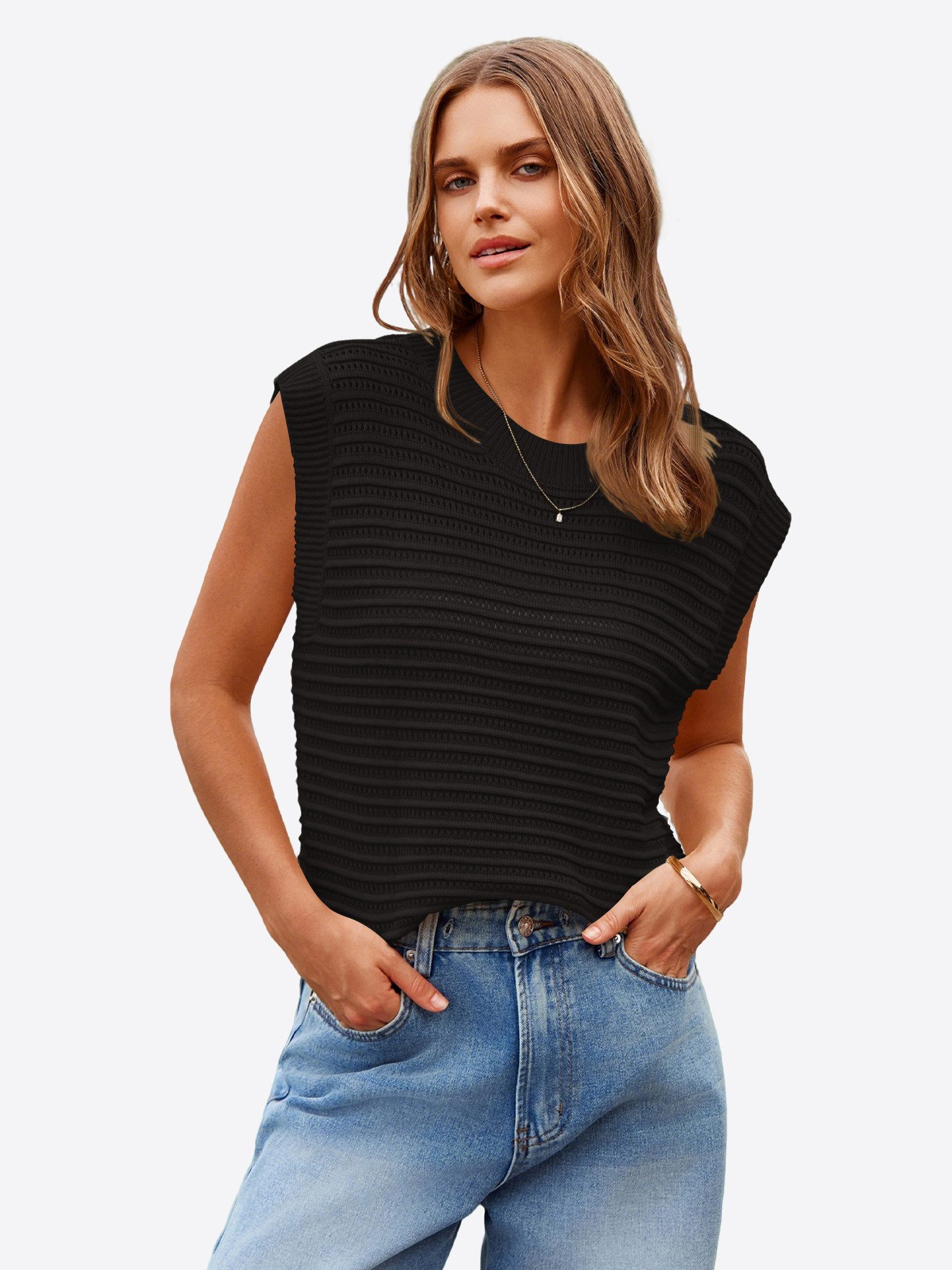 Imily Bela Strickweste Damen Strickweste mit Rundhalsausschnitt (Packung, 1-tlg., 1per-Pack) Gestreiftes Stricken