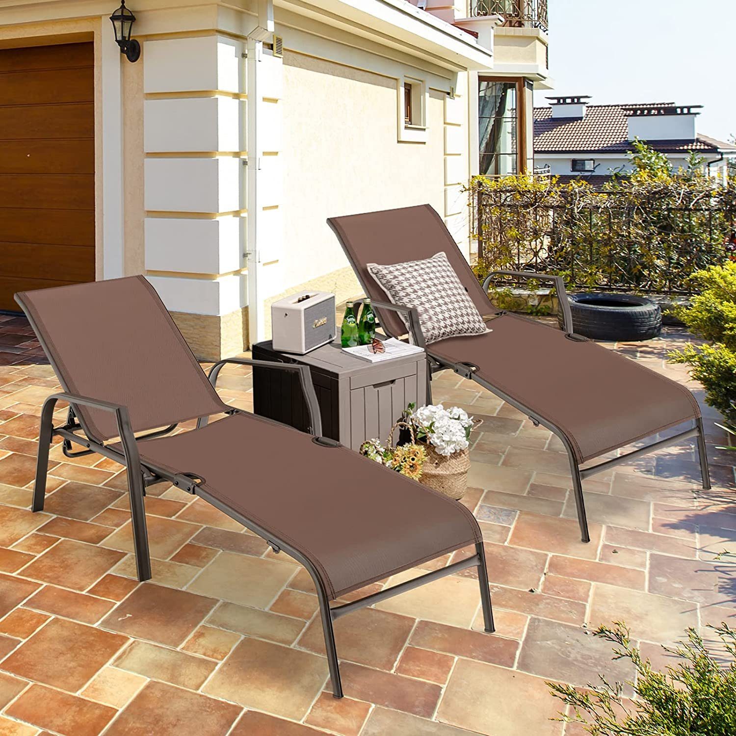KOMFOTTEU Gartenliege 2er Set Liegestuhl, mit 5 Positionen Verstellung