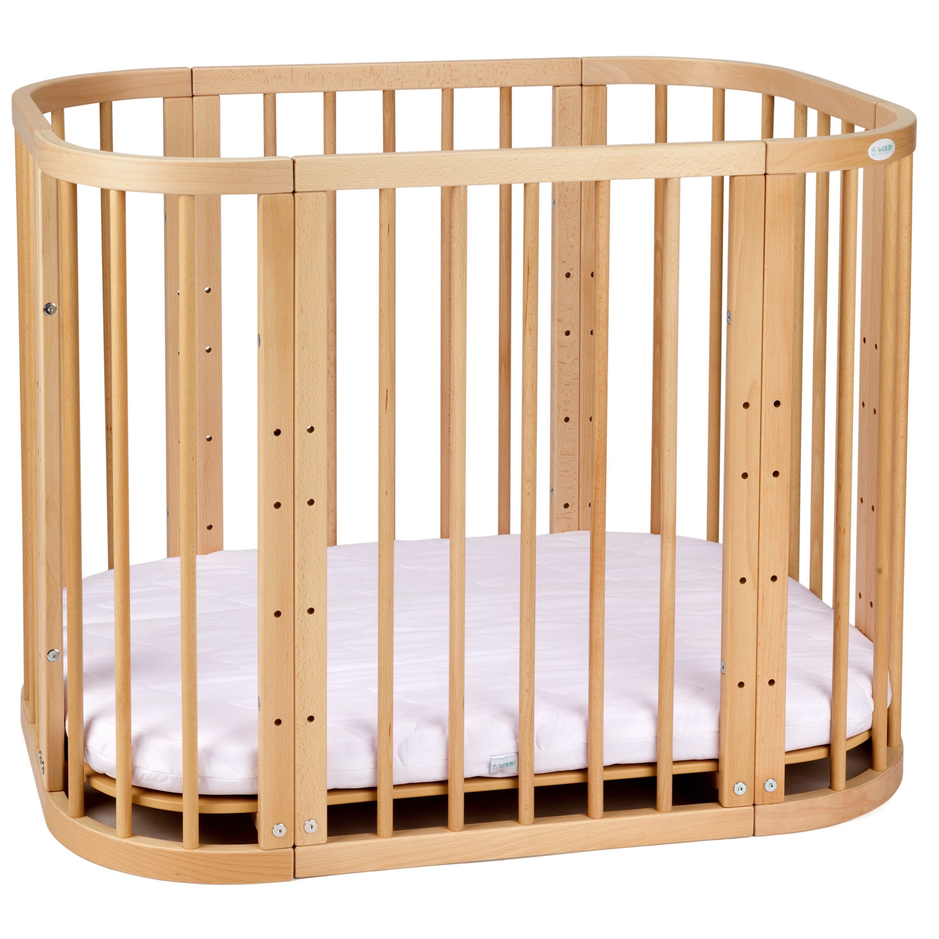 Waldin Babybett Babybett, Beistellbett aus Holz, 5in1 mit Matratze, Belüftet