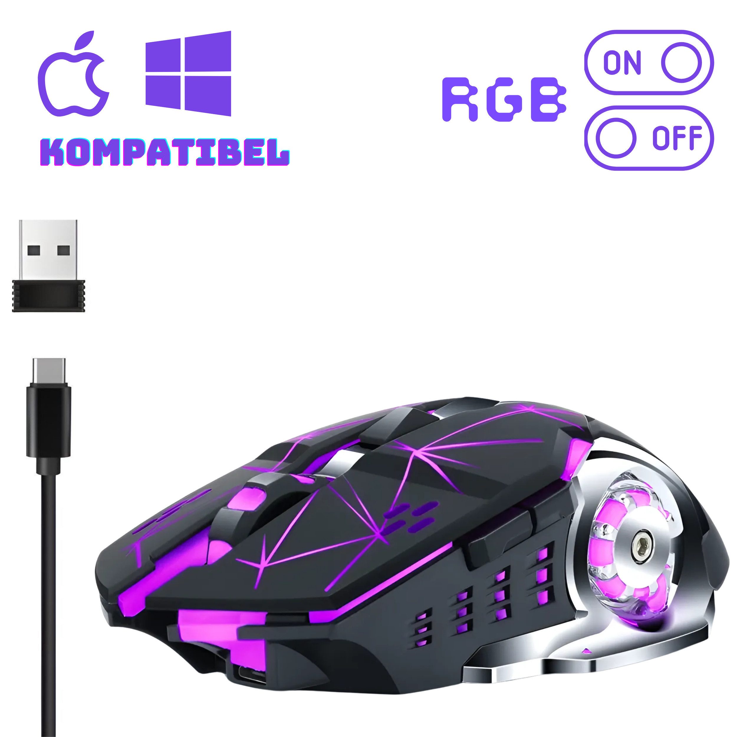 S&T Design Gaming Maus Kabellos RGB Wireless USB Gaming-Maus (Funk, 2400 dpi, Plug & Play 7 Tasten Extrem Leise Schwarz Weiss) – Bild 4 von 5