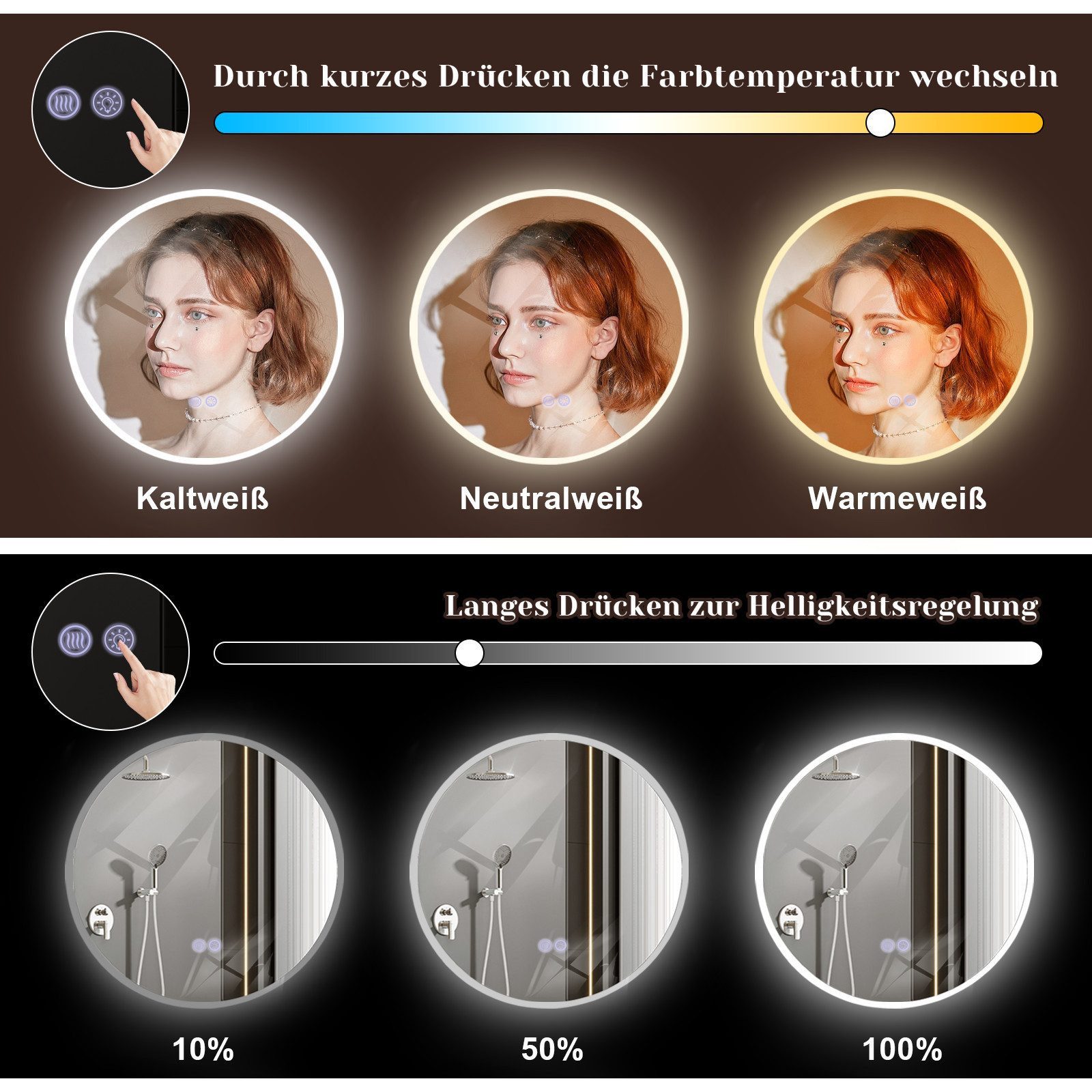 Nettlife Badspiegel spiegel mit Beleuchtung Rund 60cm, zimmerspiegel mit To günstig online kaufen