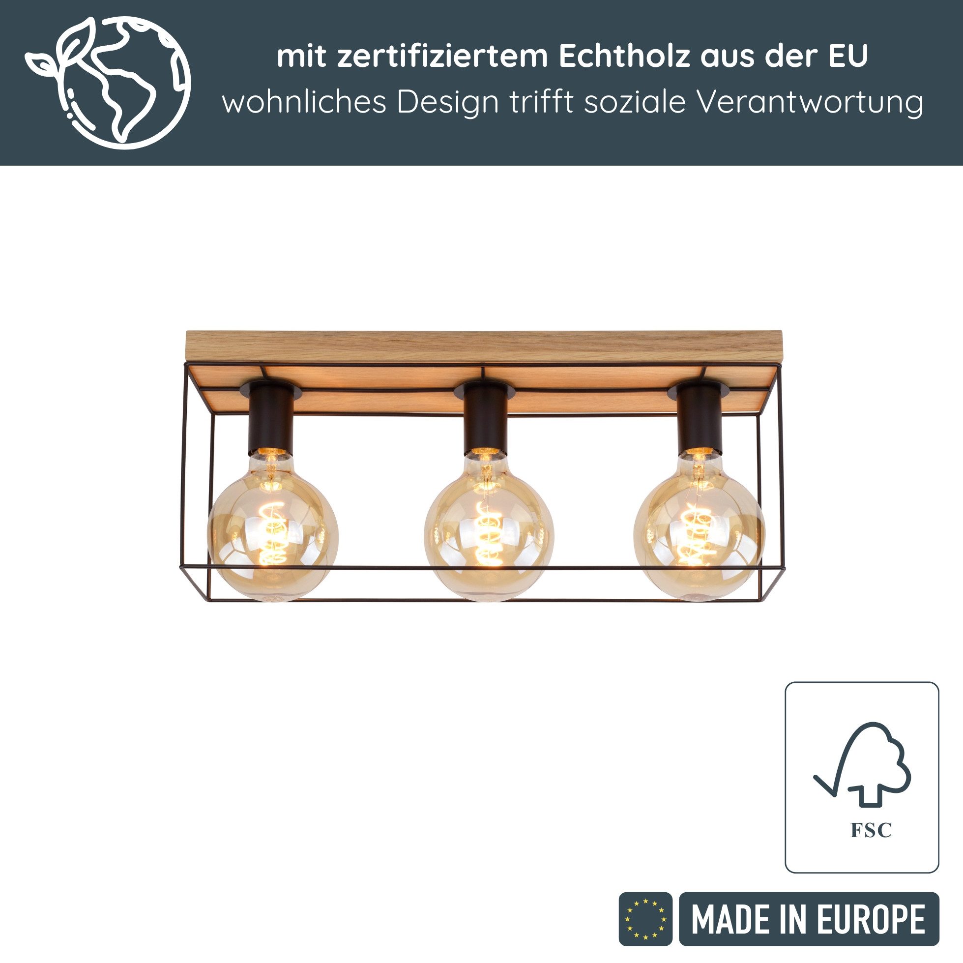 MeLiTec LED Deckenleuchte Holz Deckenbeleuchtung Gretter D130, Holz Deckenleuchte Gretter D130
