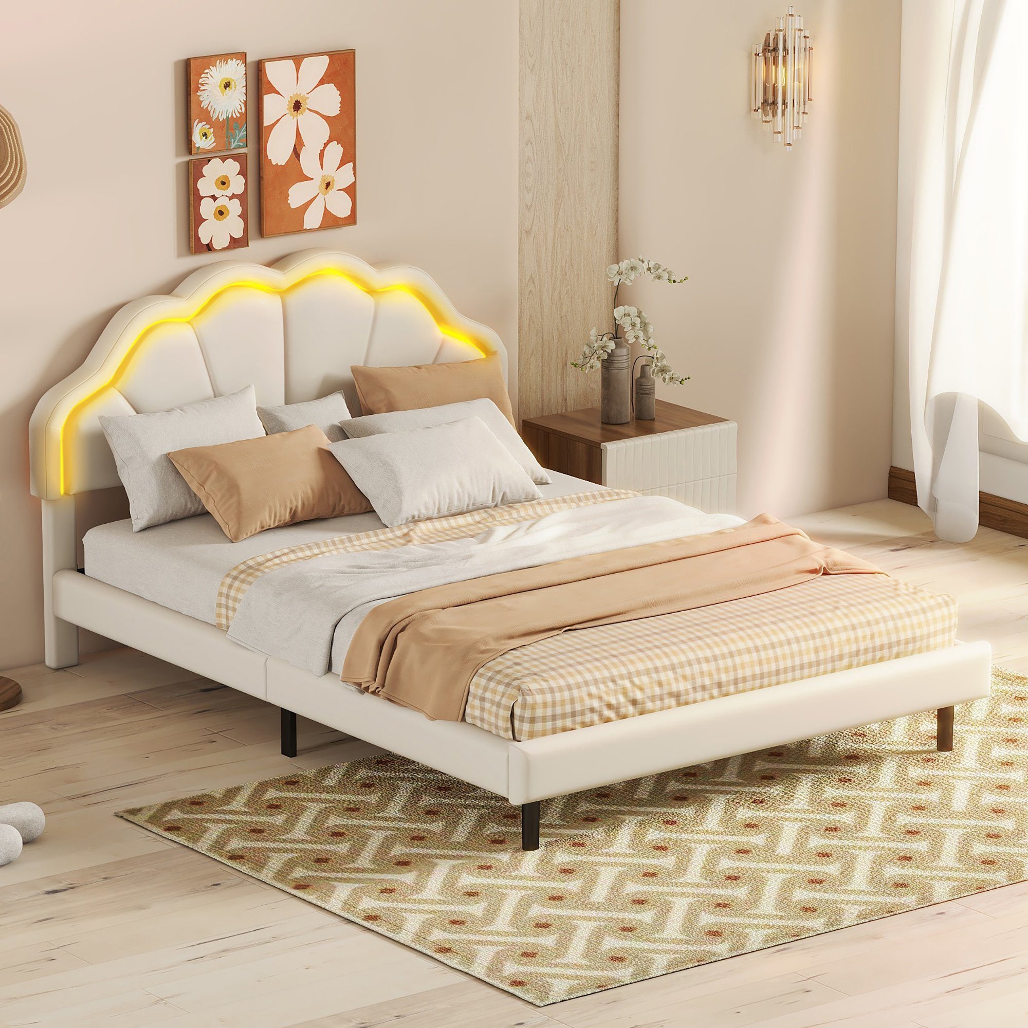 WISHDOR Polsterbett Doppelbett Rahmen flächiges LED-Leuchten Doppelbett-Gästebett), ohne beige und Gepolsterter Funktionsbett Bett, Schwebebett Matratze (mit Kopfteildesign