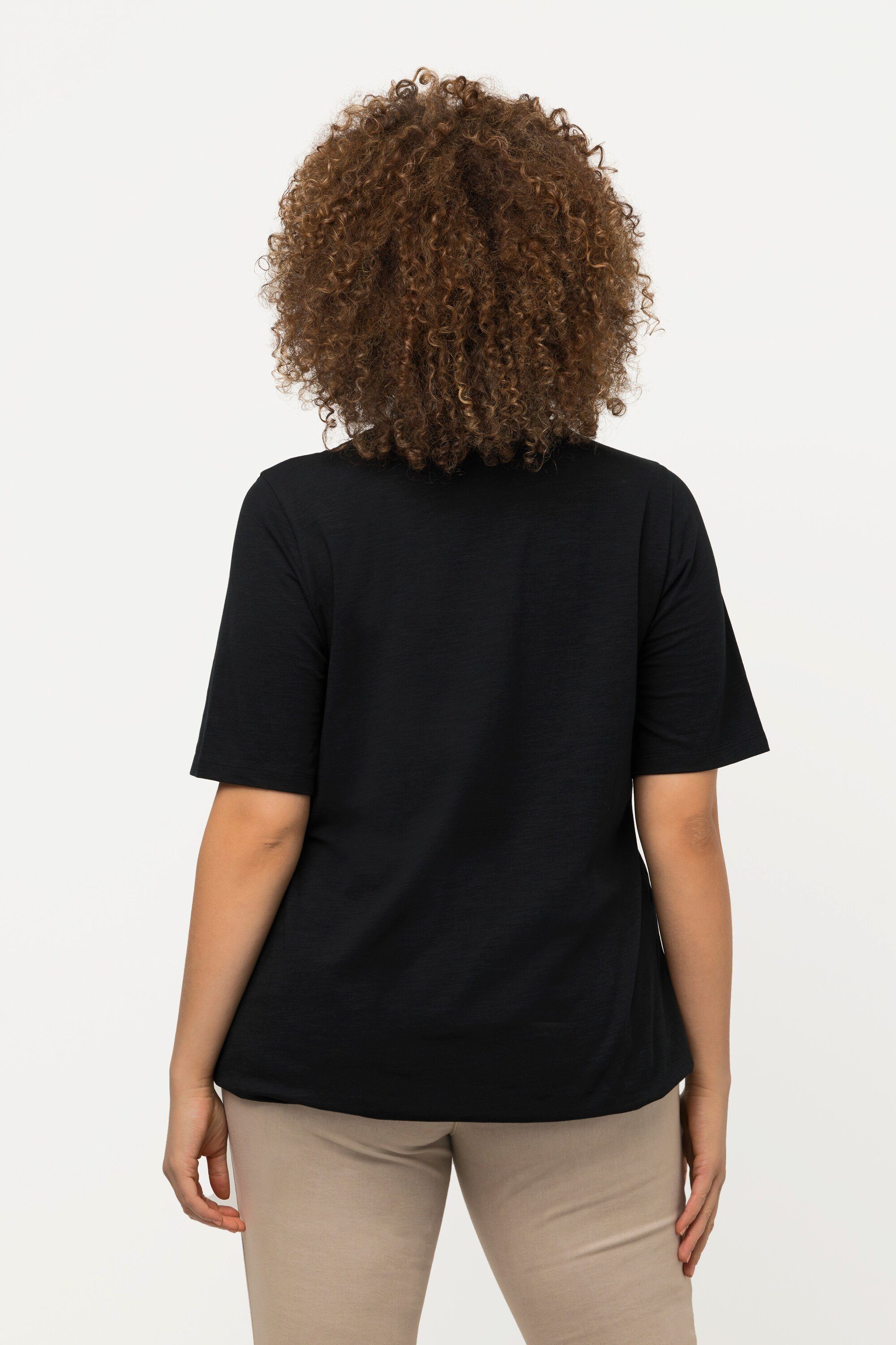 Ulla Popken Rundhalsshirt T-Shirt schwarz Tunika-Ausschnitt Streifenband Halbarm
