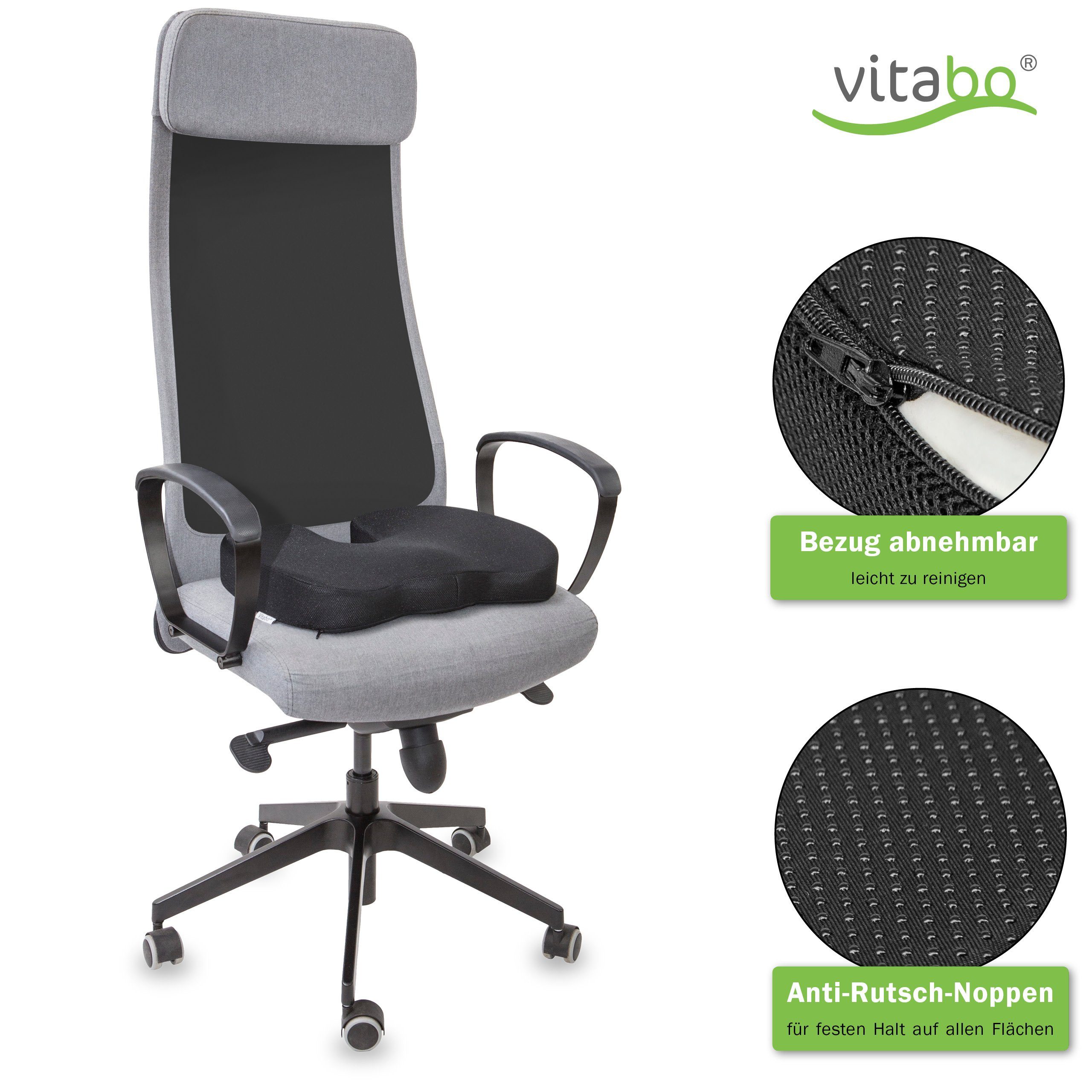 Vitabo Steißbeinkissen Ergonomisches Sitzkissen, Steißbein-Kissen mit Gel-Polster, mit kühlender Gel-Auflage, Anti-Rutsch-Noppen an der Unterseite