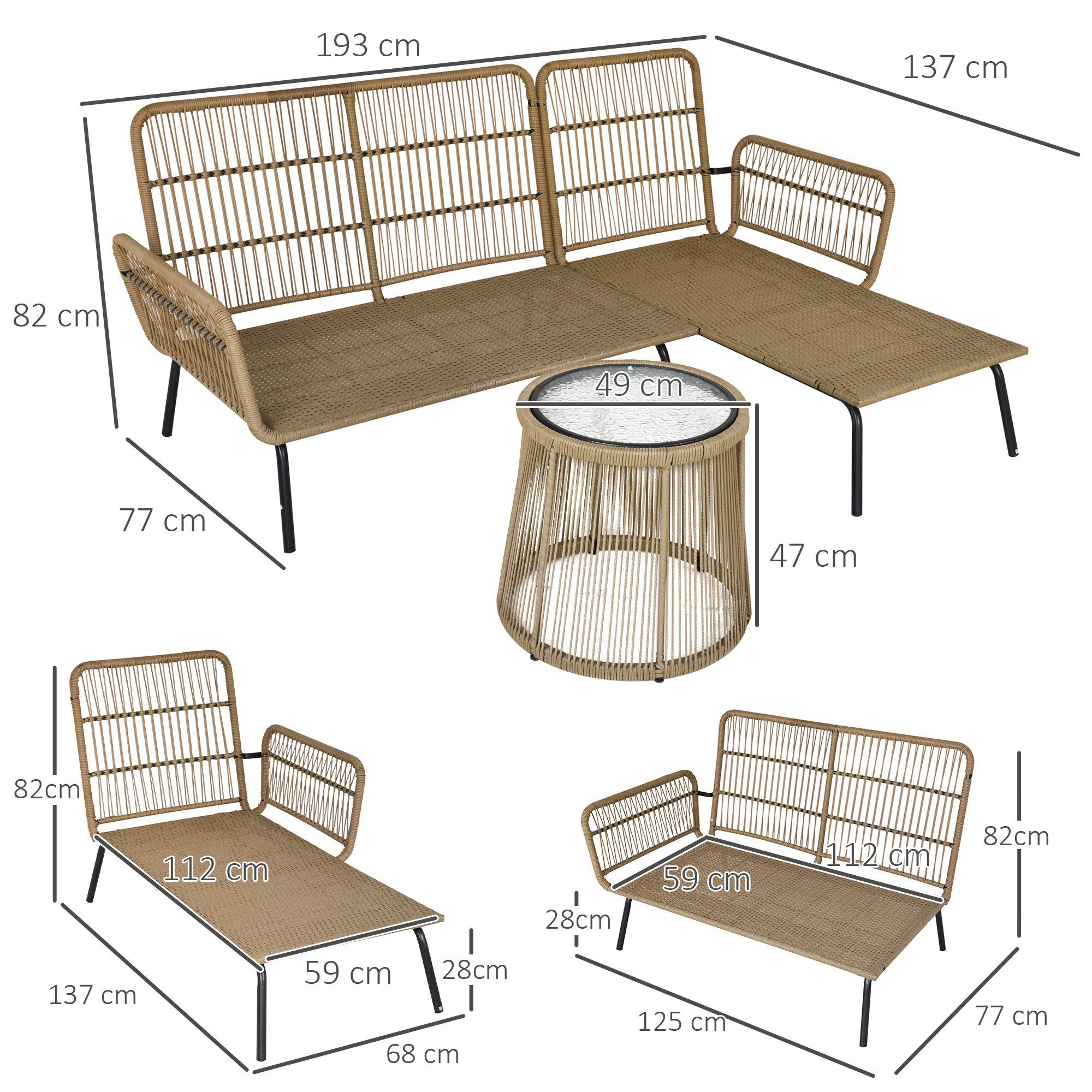 Outsunny Gartenlounge-Set Gartengarnitur mit 1 Beistelltisch, (Polyrattan Lounge Set, 3-tlg., Gartengarnitur), für Garten, Terrasse, Stahl, Kaffee+Creme