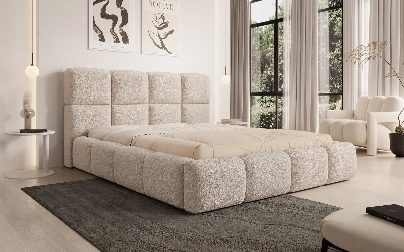 Compleo Polsterbett aus Bouclé MERID Doppelbett mit Kopfstütze, Rahmenbettgestell, mit Bettkasten und Lattenrost, TOP ANGEBOT!