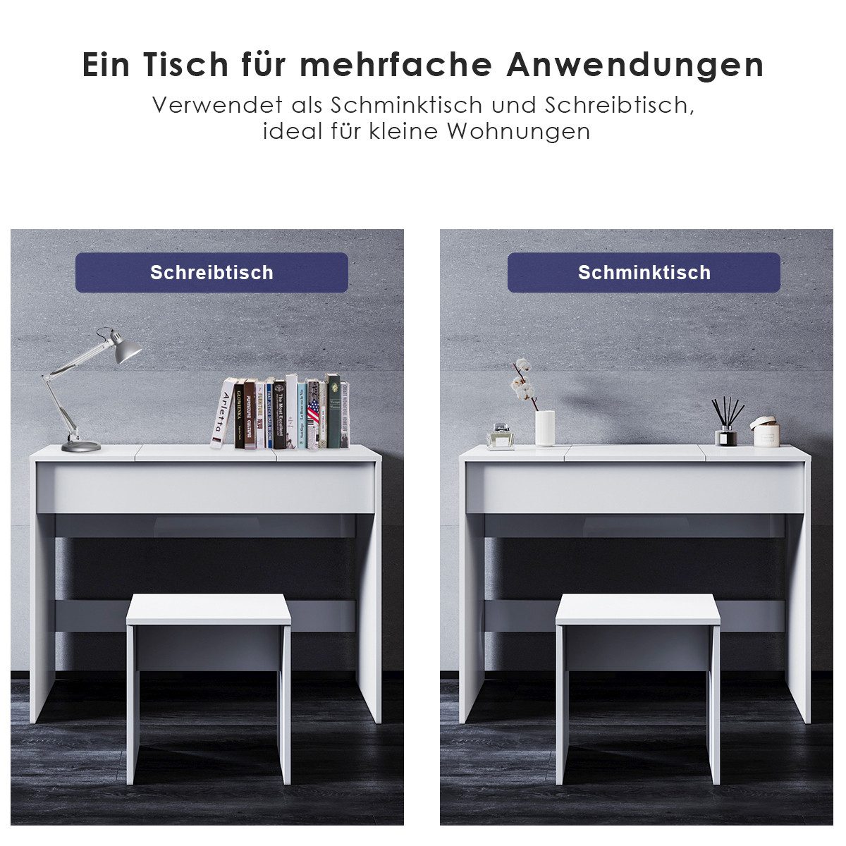 SONNI Schminktisch Kosmetiktisch Frisierkommode mit Hocker und Spiegel klappbar, weiß, 1000x450x760mm