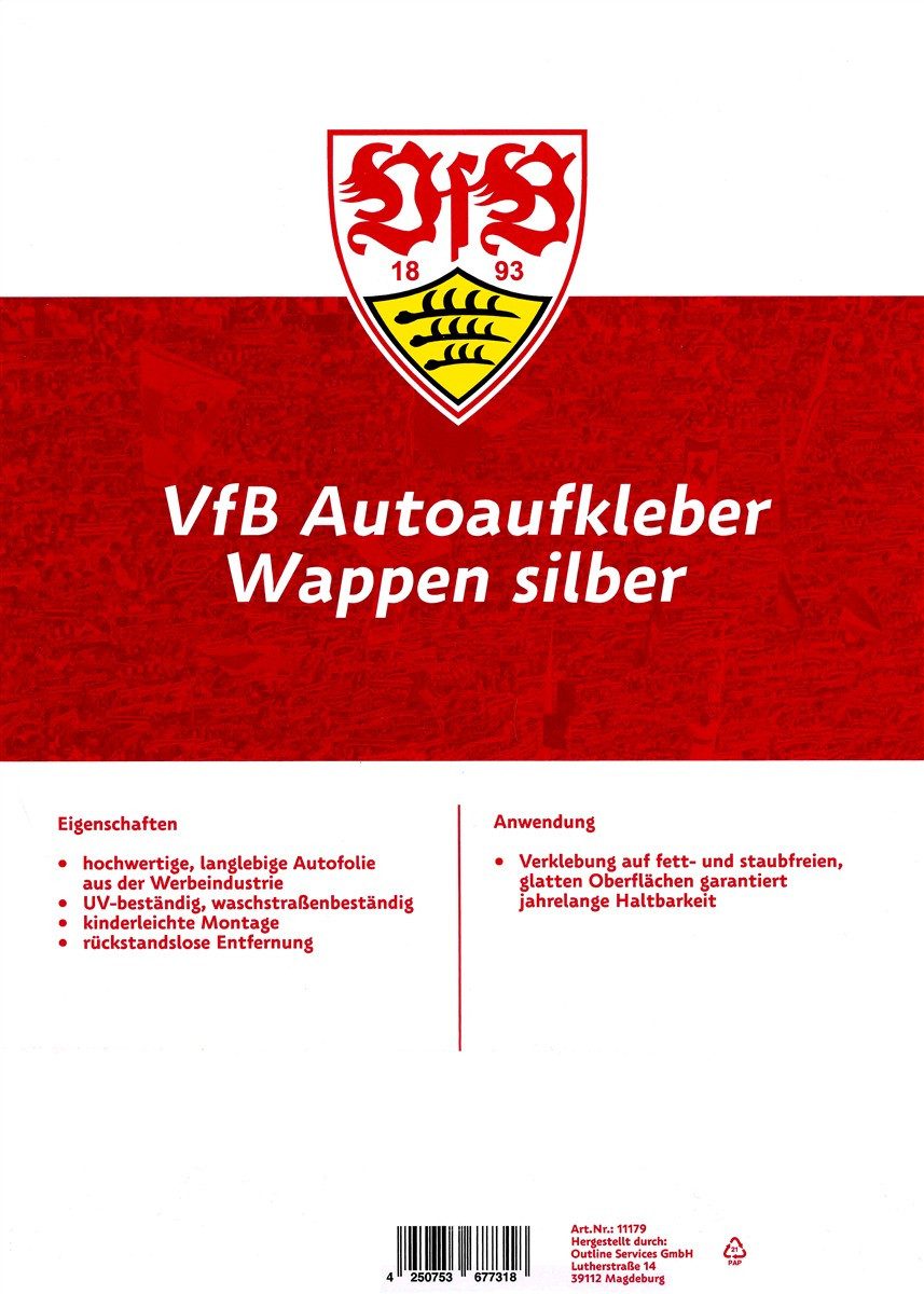 VfB Stuttgart Aufkleber VfB Stuttgart Autoaufkleber Wappen silber 21x21 cm