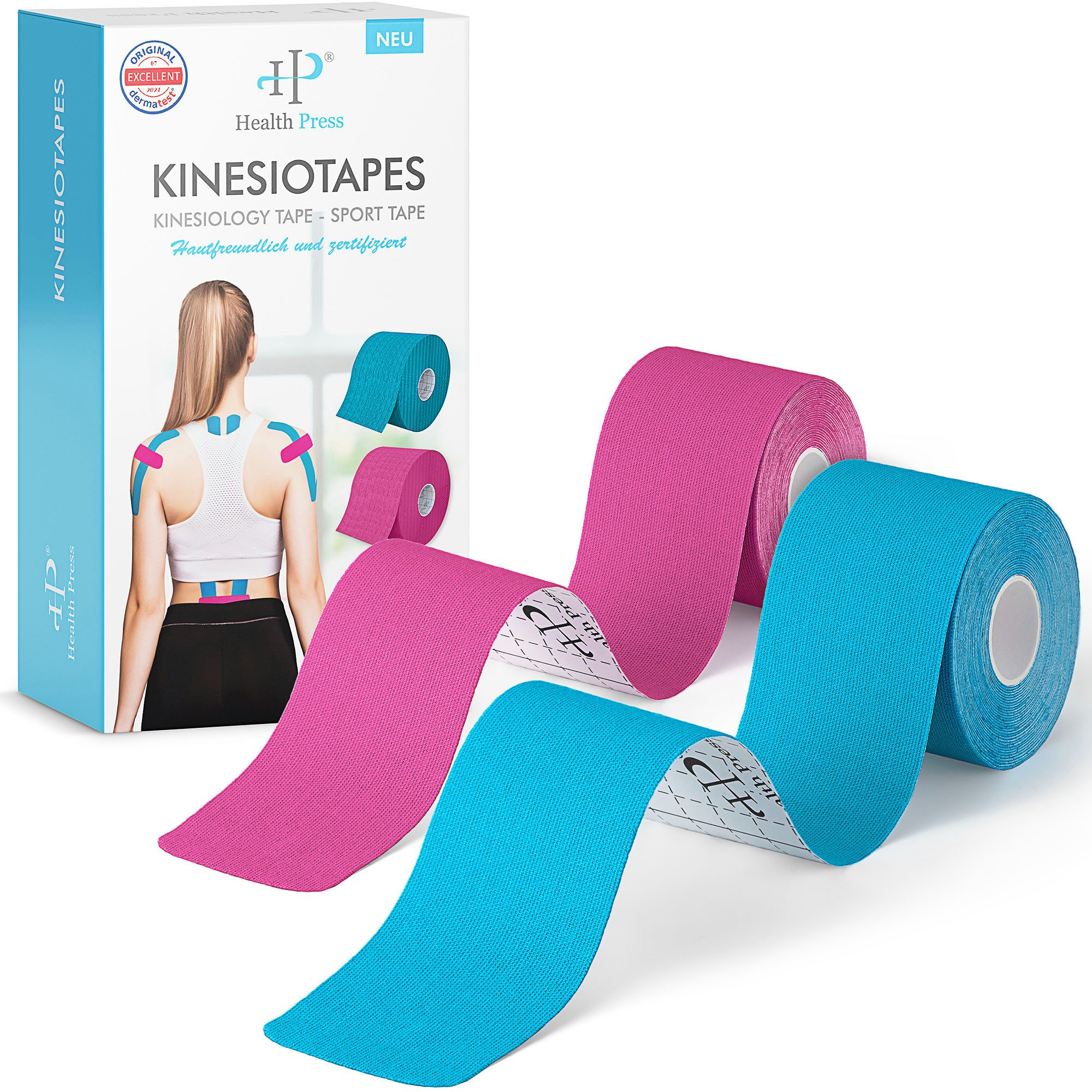 Health Press Kinesiologie-Tape 2 Rollen Profi Physio Tape & Sporttape Hautfreundlich (5cm x 5m) DERMATEST: SEHR GUT