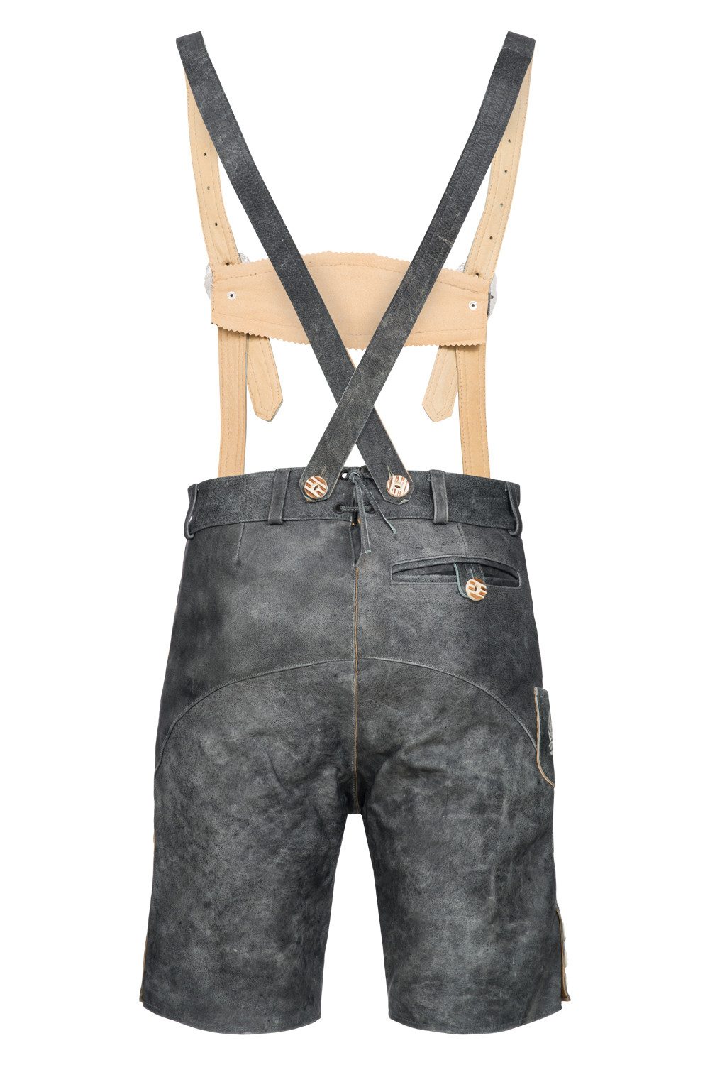 BOHMBERG Trachtenlederhose Herren Lederhose kurz Antikgrau mit Hosenträgern Echtleder