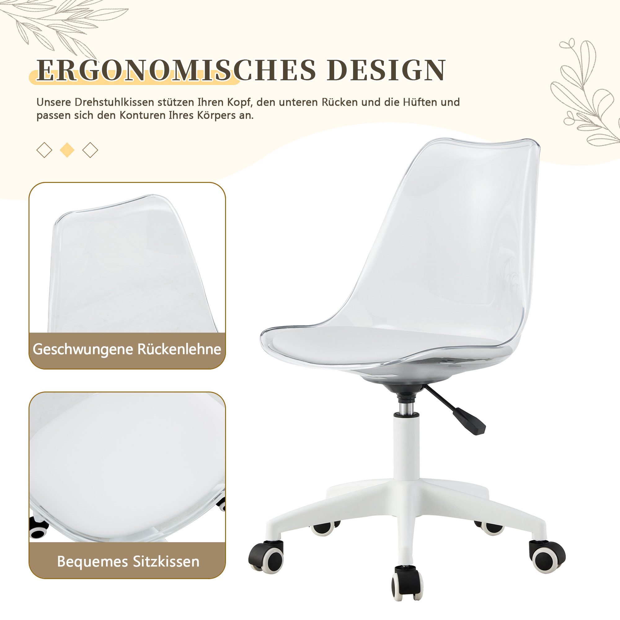 JUFU Drehstuhl mit transparenter Acryllehne, skandinavisches Minimal-Design (1 St), ergonomischer Bürostuhl mit PU-Polster, höhenverstellbar – Bild 4 von 5