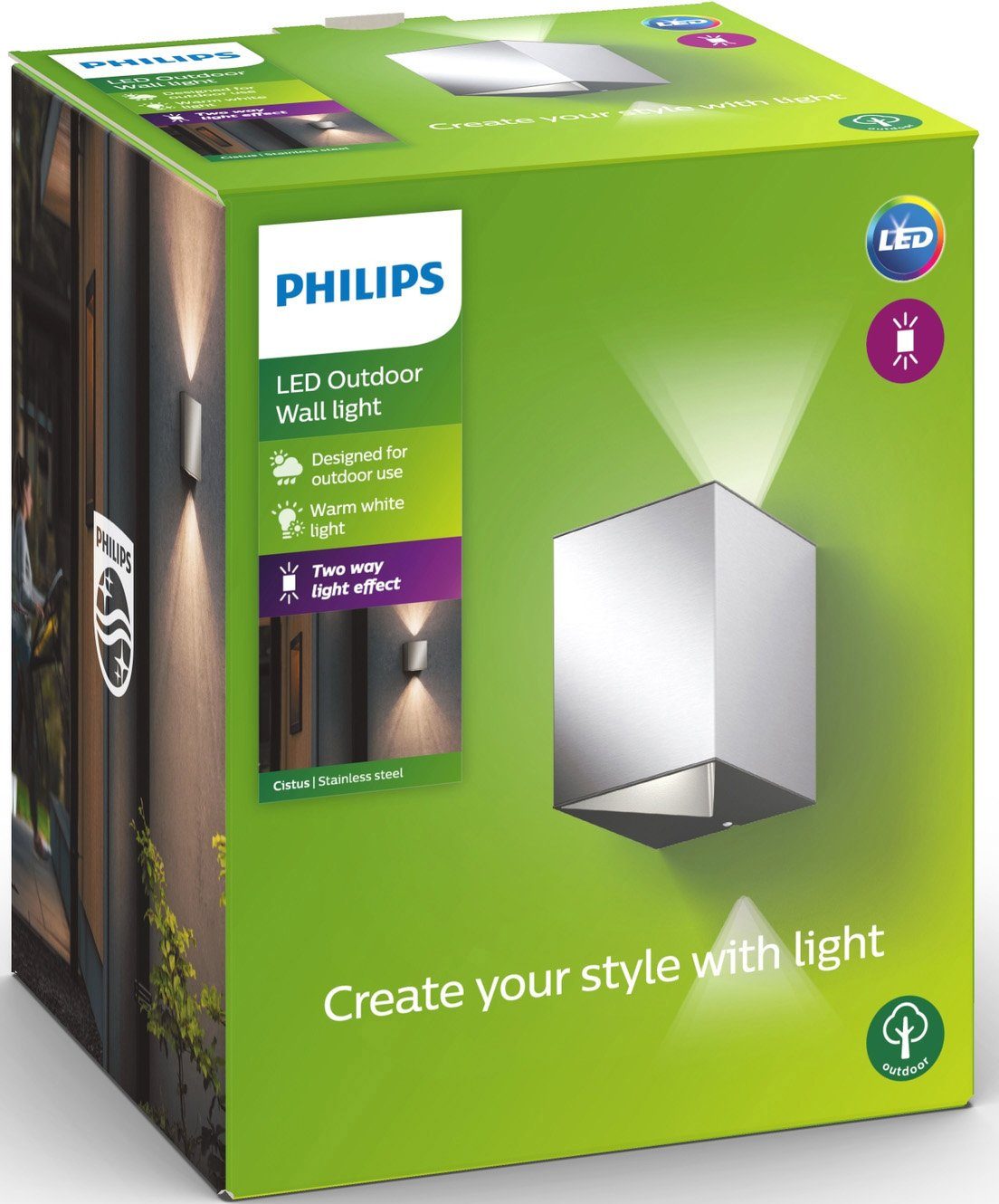 Philips Wandleuchte Cistus, LED fest integriert, Warmweiß, LED Wandleuchte  1000lm Edelstahl