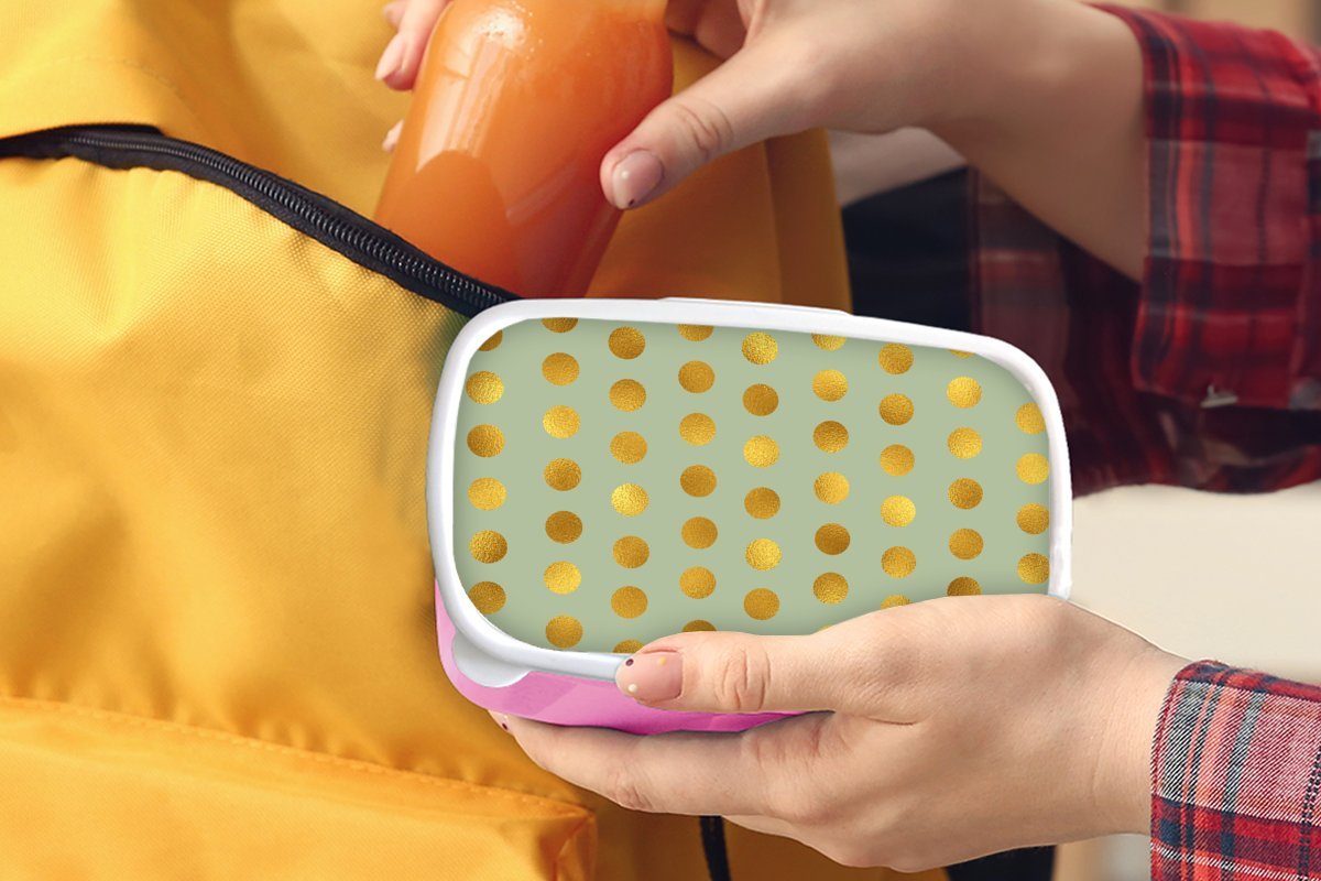 Lunchbox Brotdose Mädchen, (2-tlg), Kunststoff, Kinder, für Gold Grün rosa Muster Kunststoff Snackbox, - Tupfen, - Brotbox - MuchoWow Erwachsene,