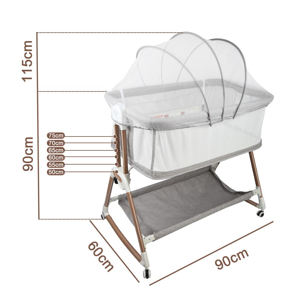 JEOBEST Beistellbett 3 in 1 Beistellbett Stubenwagen Babybett Baby-Reisebett, 6-stufige Höhenverstellung, mit Rollen, Matratze und Moskitonetz