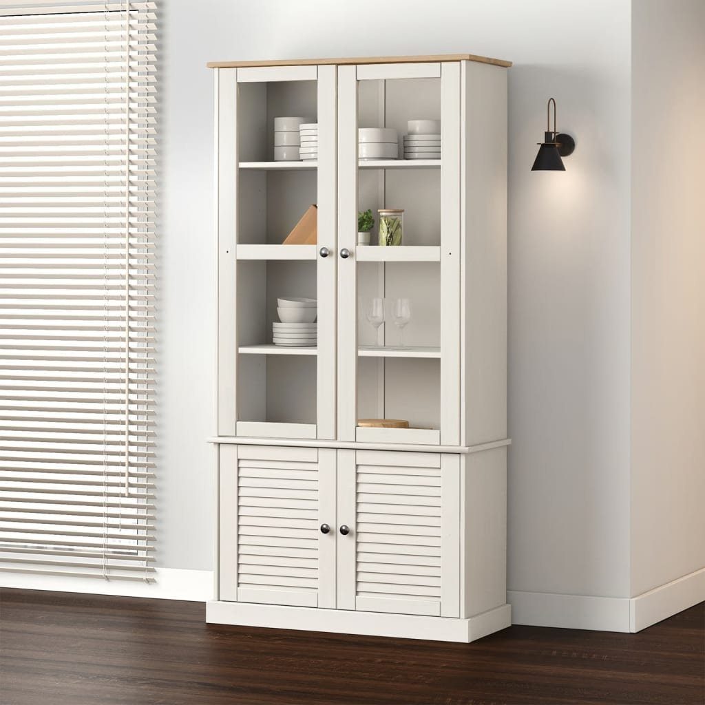 furnicato Vitrine Holzvitrine Weiß 85 x 35 x 170 cm aus massivem Kiefernholz mit Glas (1-St) Schrank mit Jalousie-Design, Einlegeböden und Wandhalterung