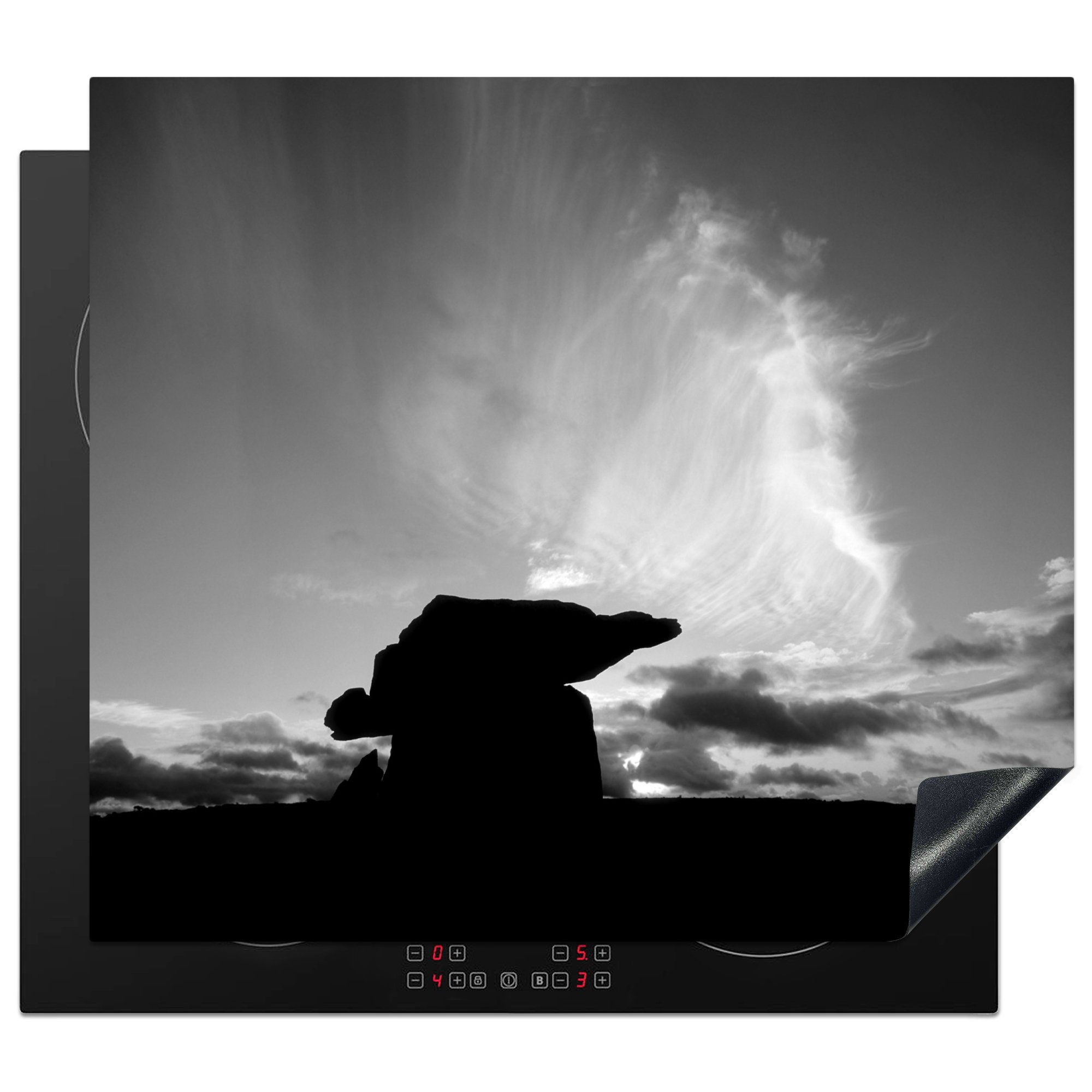 MuchoWow Herdblende-/Abdeckplatte Silhouette eines Dolmen - schwarz und weiß, Vinyl, (1 tlg), 60x52 cm, Mobile Arbeitsfläche nutzbar, Ceranfeldabdeckung