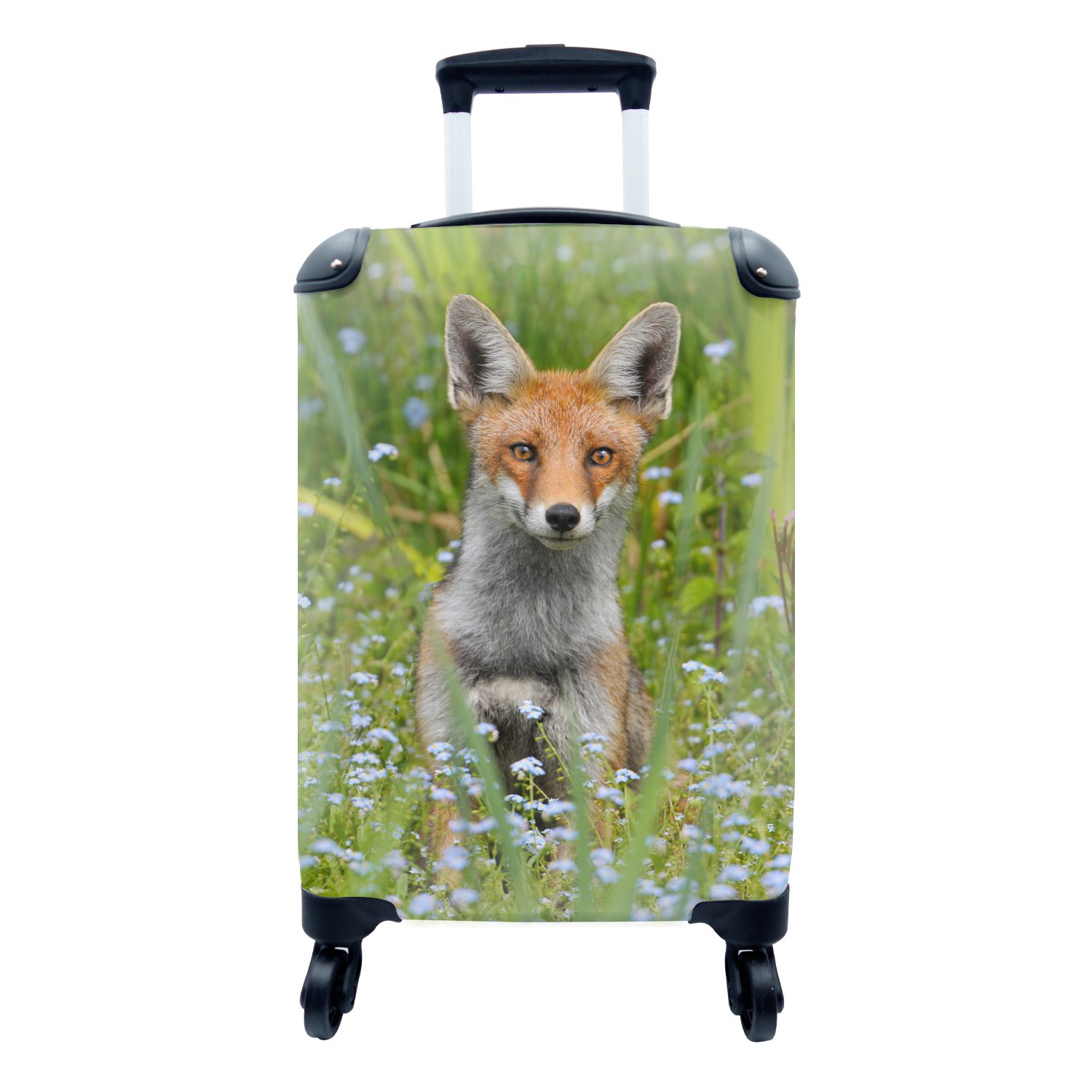 MuchoWow Handgepäckkoffer Blumenfeld - Fuchs - Grün, 4 Rollen, Reisetasche mit rollen, Handgepäck für Ferien, Trolley, Reisekoffer