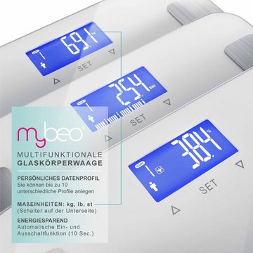 MyBeo Körper-Analyse-Waage, Digitale Diagnosewaage, LCD-Display. 7 Indikatoren. max. 10 Profile
