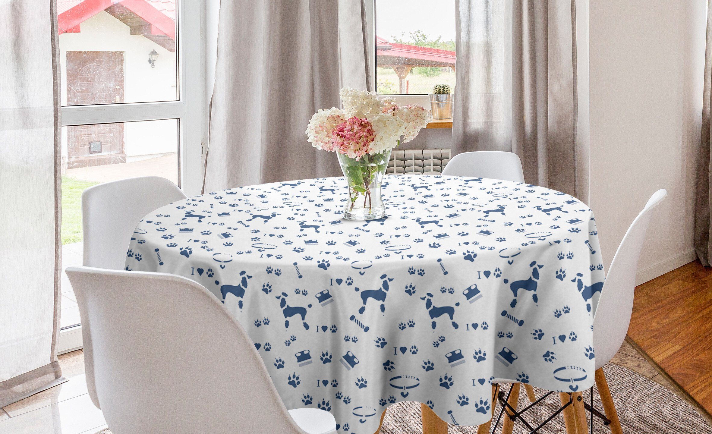 Abakuhaus Tischdecke Kreis Tischdecke Abdeckung für Esszimmer Küche Dekoration, Blau und weiß Tier-Liebhaber Haustier Hund