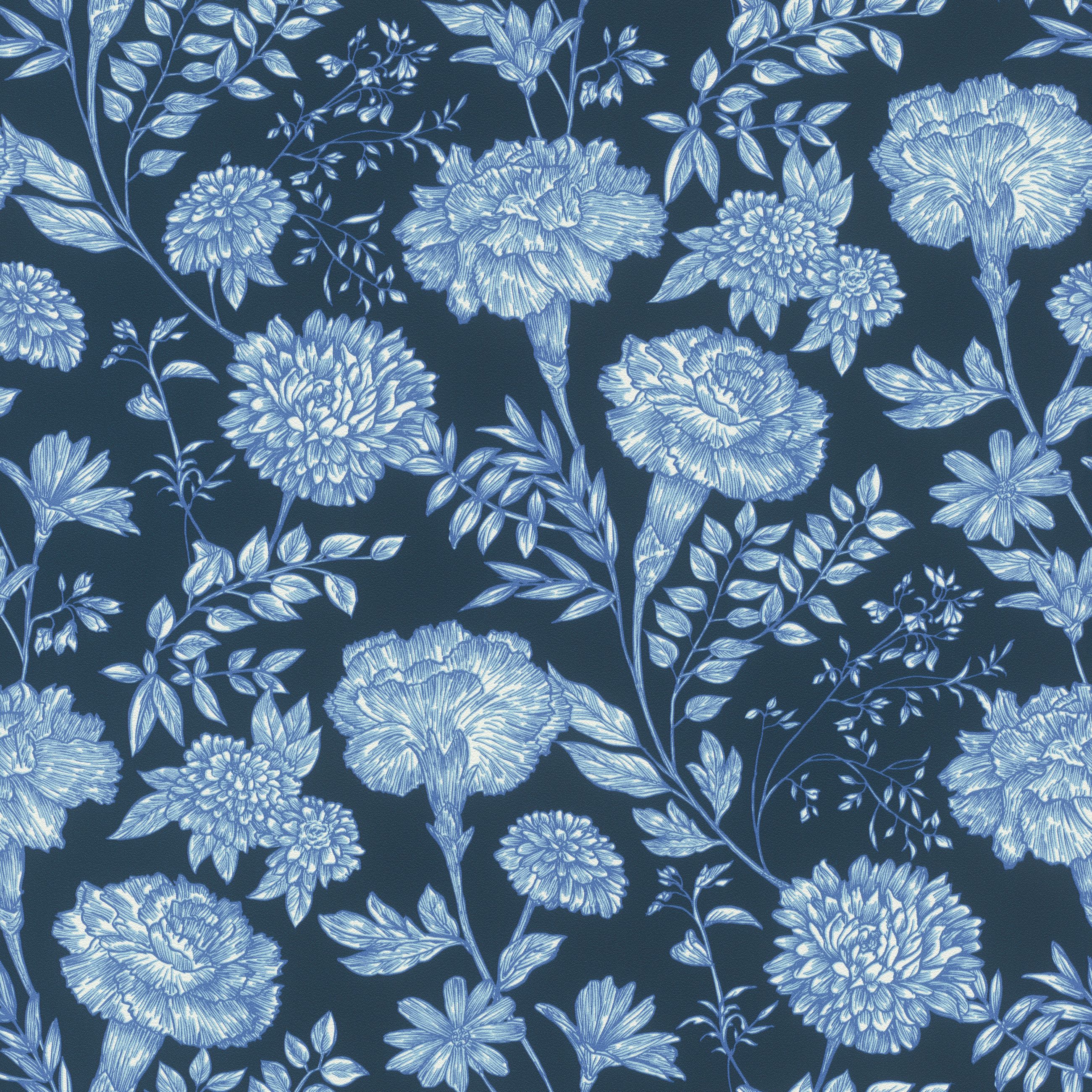 Rasch Vliestapete Blumen & Blätter - Vinyltapete Blau, floral, (1 Rolle, 1 St., 10,05 m x 0,53 m), Lichtbeständige Farben - Feucht abwischbar - Restlost abziehbar