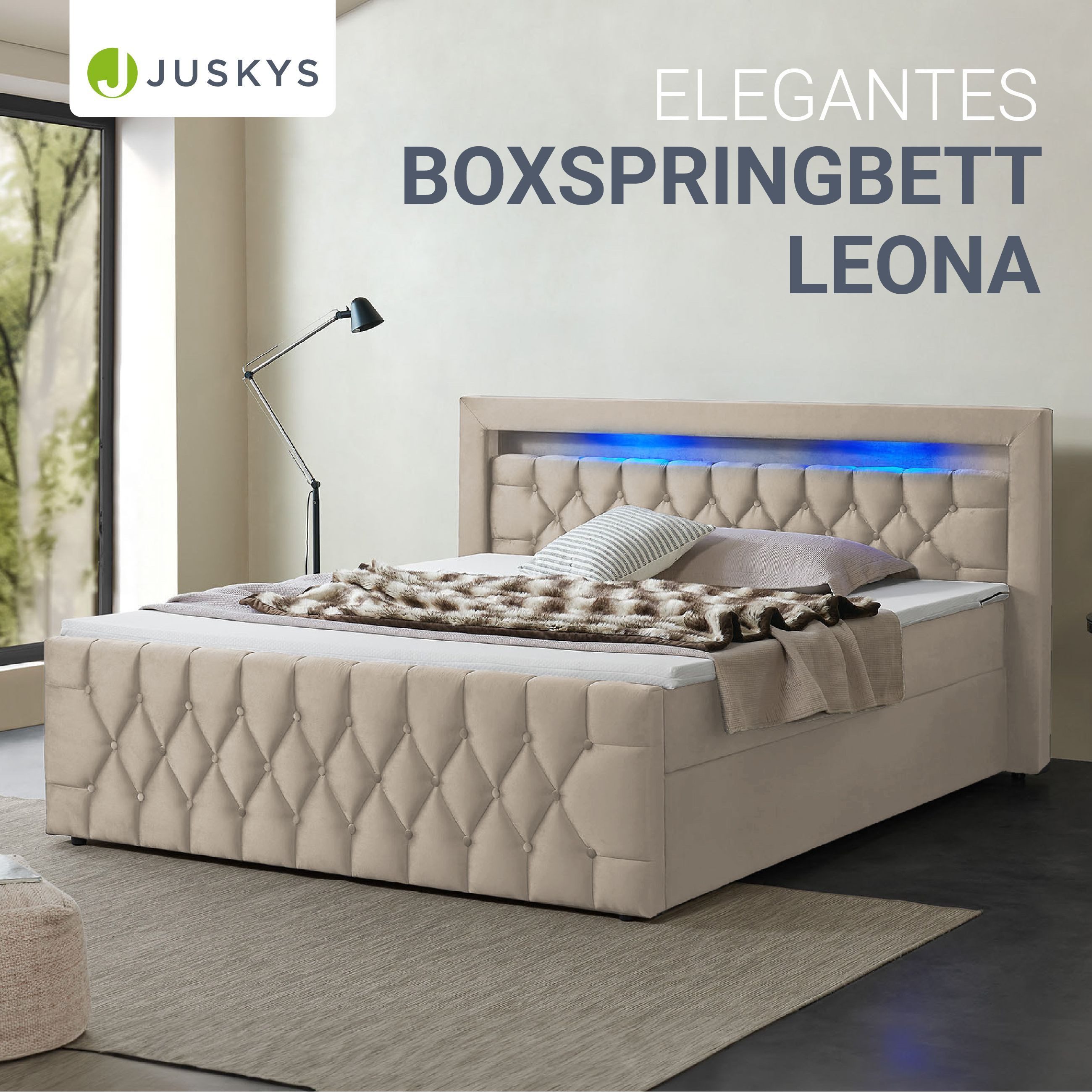 Juskys Polsterbett Leona, 180x200 cm, Boxspringbett-Optik, Samt-Bezug, LED- günstig online kaufen