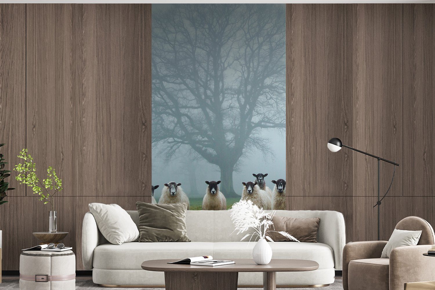 MuchoWow Matt, - Vliestapete Baum Nebel, bedruckt, Fototapete Fototapete Wohnzimmer Schaf - St), (2 Küche, Schlafzimmer für