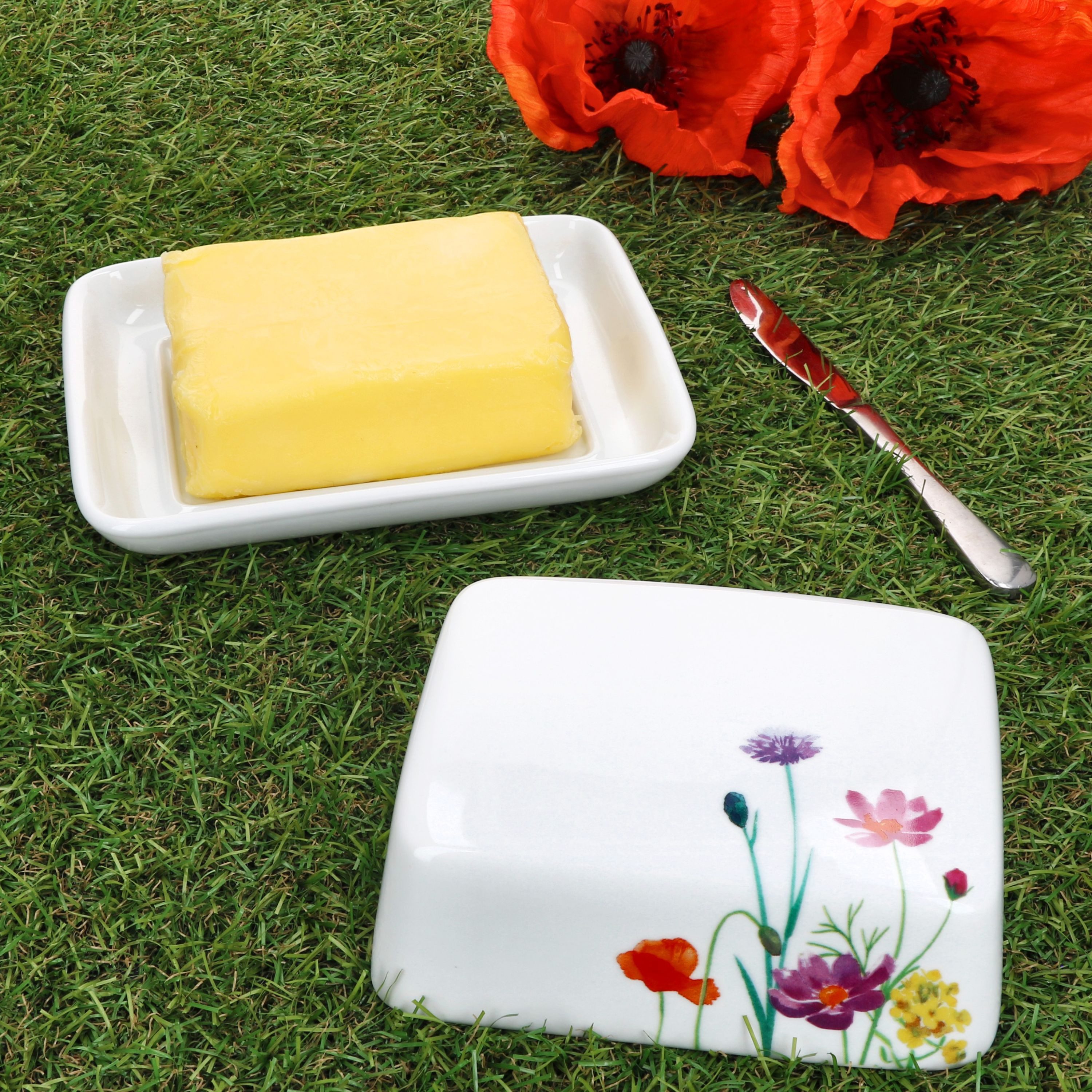 MamboCat Butterdose Marie Butterdose mit Deckel rechteckig für 250g Butter-Schale Blumen, Porzellan