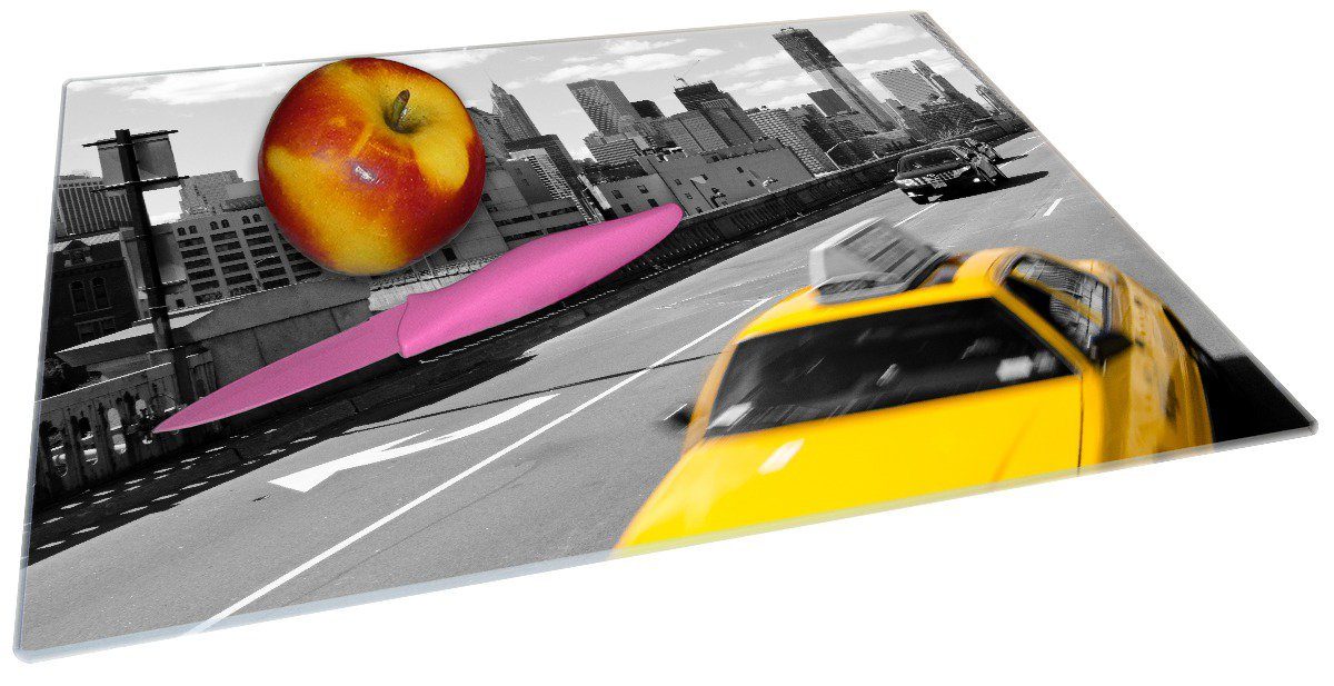 Wallario Schneidebrett New York 4mm, rutschfester Taxi Gummifüße II, 1-St), 30x40cm (inkl. ESG-Sicherheitsglas, Yellow