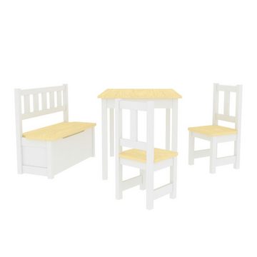 en.casa Kindertisch, »Lousame« Sitzgruppe Tisch Sitzbank 2x Stuhl Kiefernholz Natur/Weiß