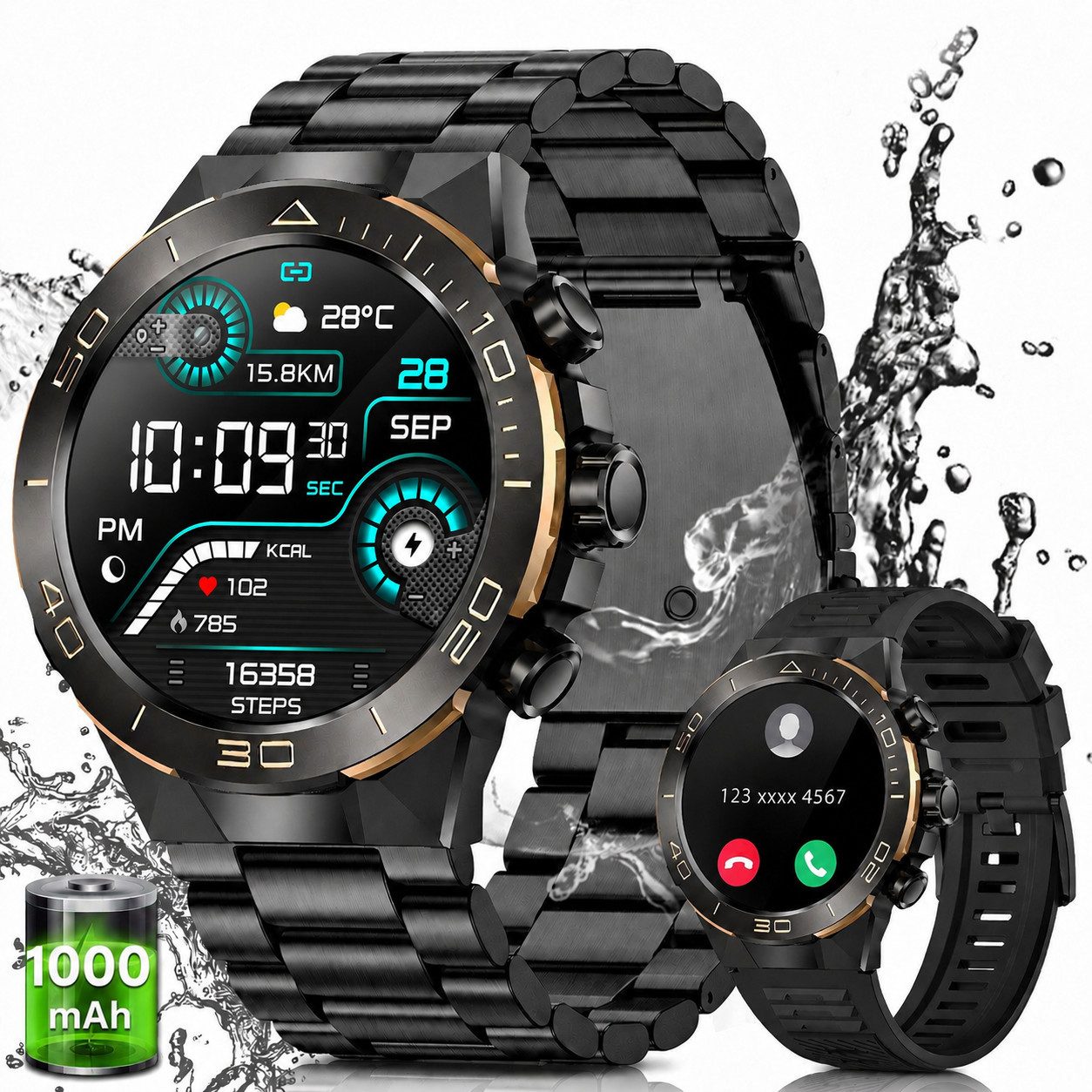SWGOTA Smartwatch Herren Militär mit Herzfrequenz,Blutdruck,107 Sportmodi Smartwatch (3.63 cm cm/1,43 Zoll), AMOLED-Display Fitnesstracker mit Schlafmonitor,1000mAh,2 Armbänder