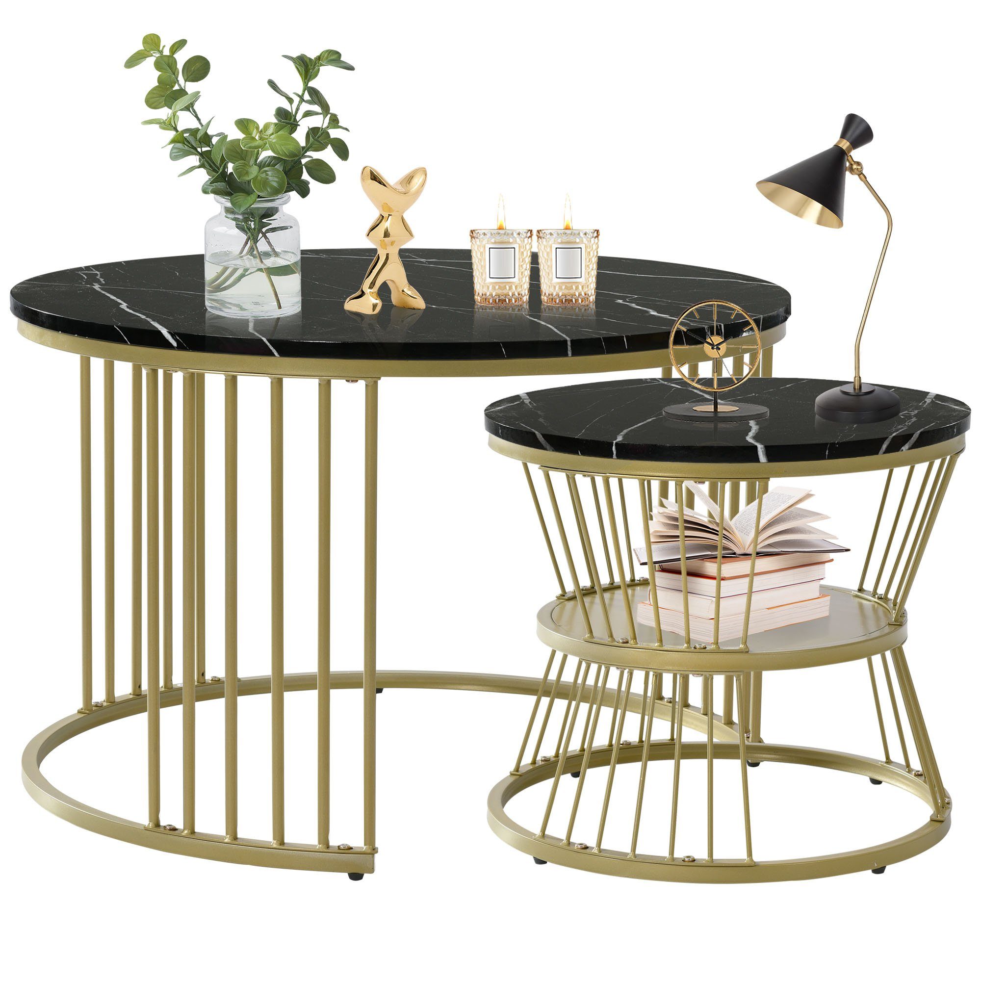 Kaffeetisch SPLOE (Solid Satz Sofa Design), Couchtisch Rund Runde Design Schwarz+Gold von Marmor Satztisch Couchtisch Smart Set Nest Endtische Einzigartigrd Dauerhaft Beistelltisch Safety Furnier 2er HAUSS und Tischen Seite