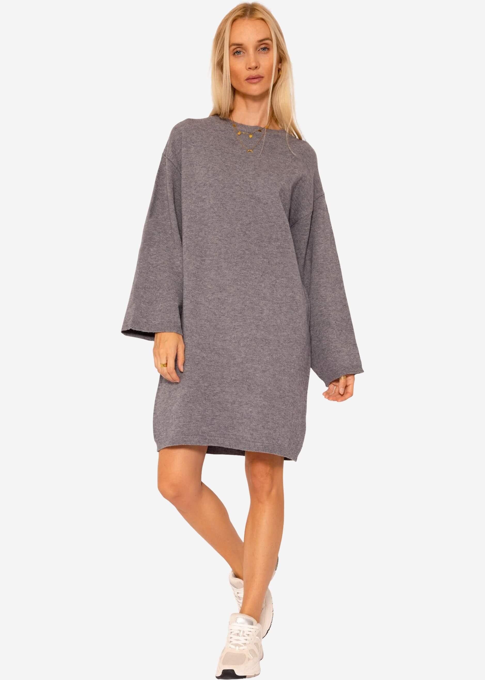 SASSYCLASSY Strickkleid Oversize Strickkleid Rollkragen Damen Lässiges Kleidpullover elegant aus weichem Strick Winter Grau Beige