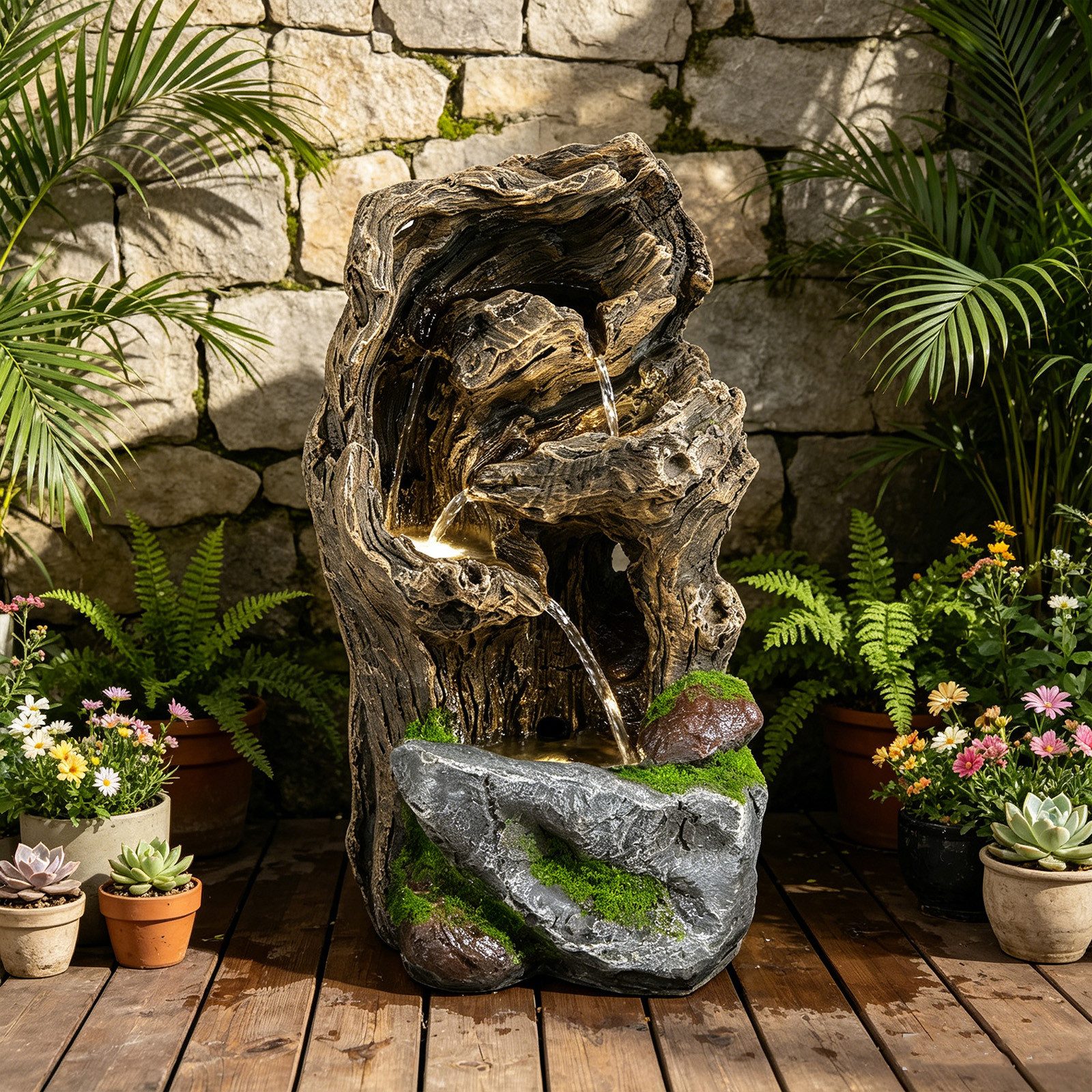 KOMFOTTEU Zimmerbrunnen Gartenbrunnen, mit Wasserfall, LED Beleuchtung & Pumpe