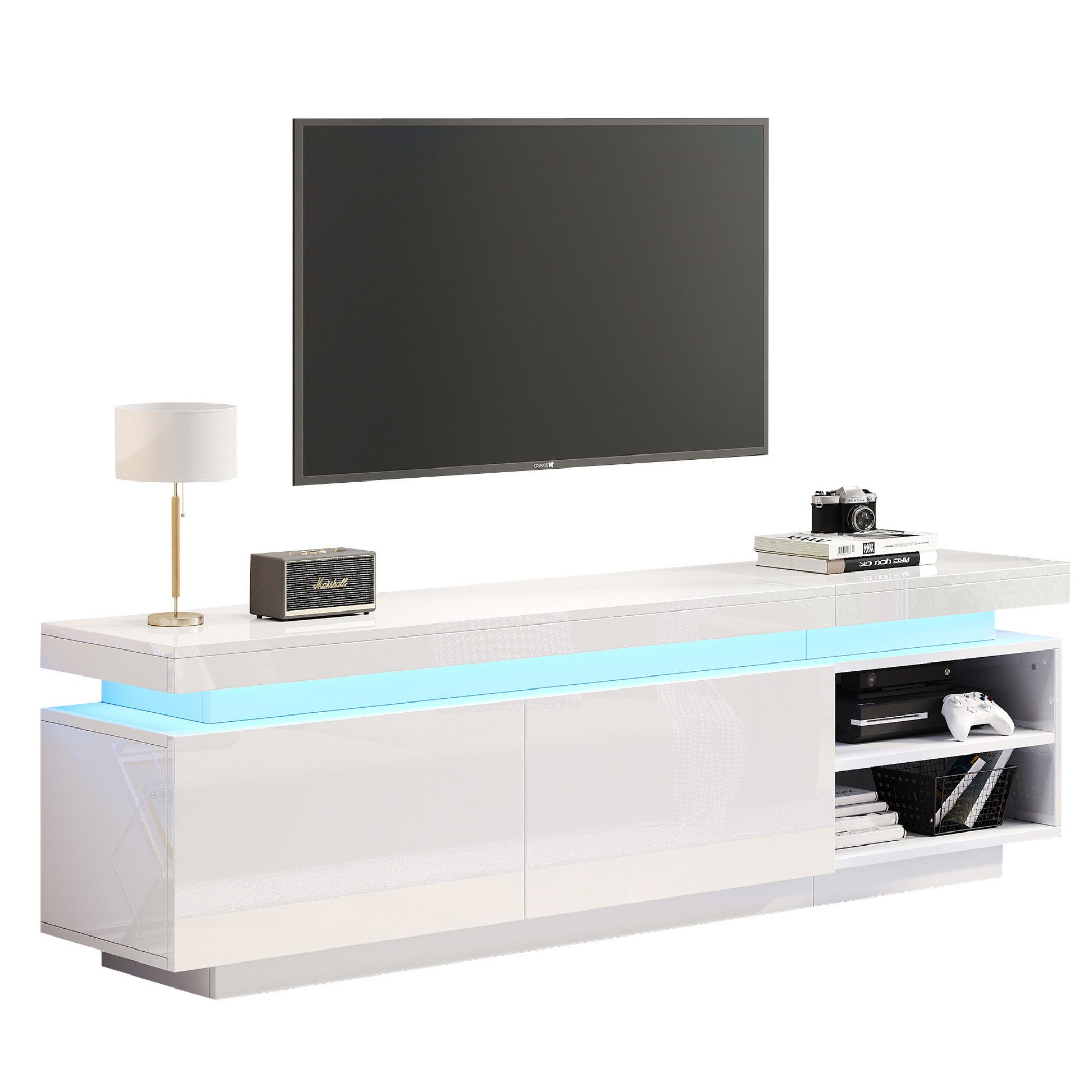 SeedWave Lowboard LED Hochglänzend Weiß TV Schrank mit 2 Türen und 2 Offenen Fächern, Einstellbare LED-Lichtern, 3 Löcher im Rücken für Kabels