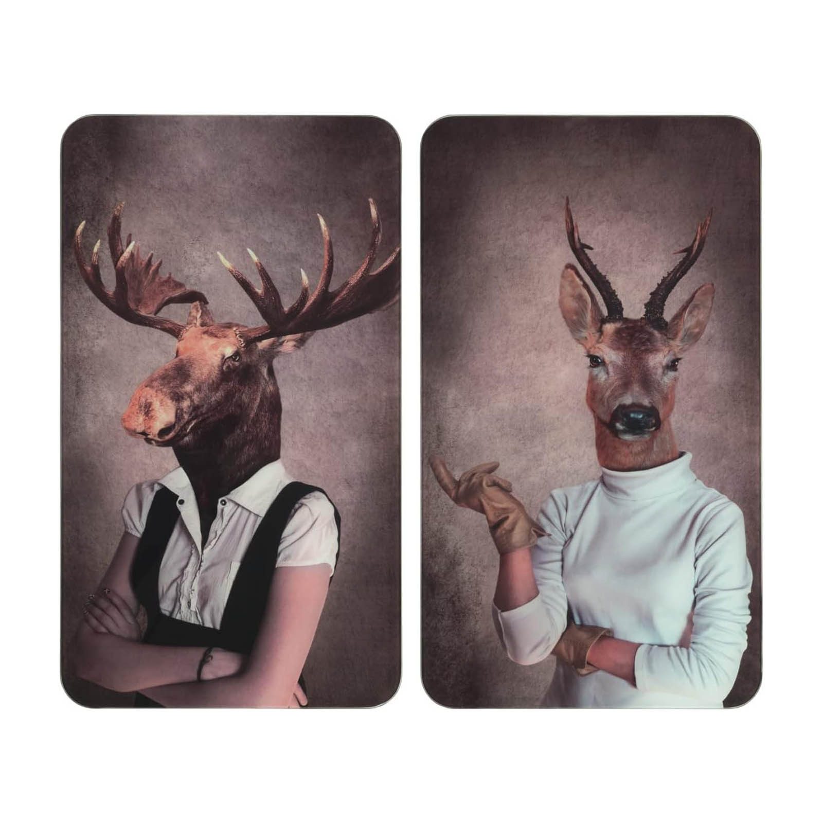 WENKO Herd-Abdeckplatte 2er Set Glasabdeckplatten Kochplattenabdeckung Herdabdeckplatten, Glas, 30 x 52 cm Humanisation Tier Motiv für Glaskeramik-Kochfelder