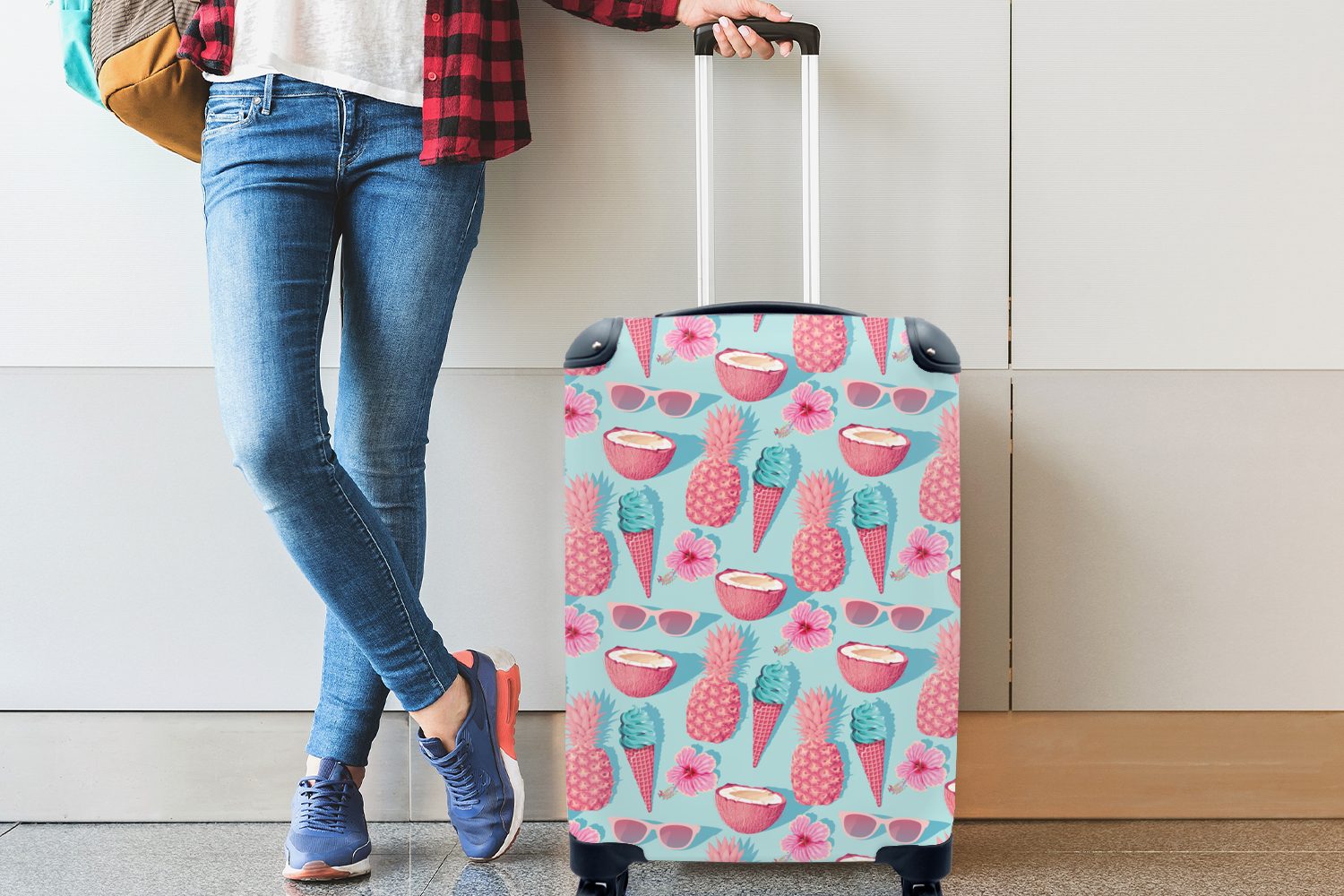 4 Reisekoffer rollen, MuchoWow - Ferien, Handgepäck Rosa mit Blau, für Sommer - Trolley, Reisetasche Handgepäckkoffer Rollen,