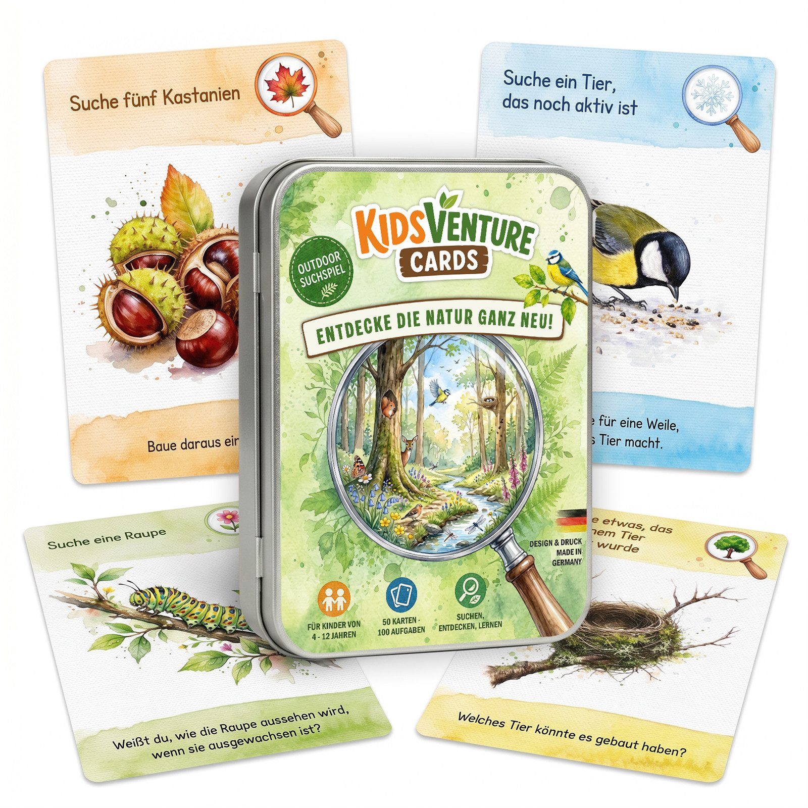 nikima Spiel Outdoor Suchspiel Kinder – 50 Karten Naturspiel in Metalldose
