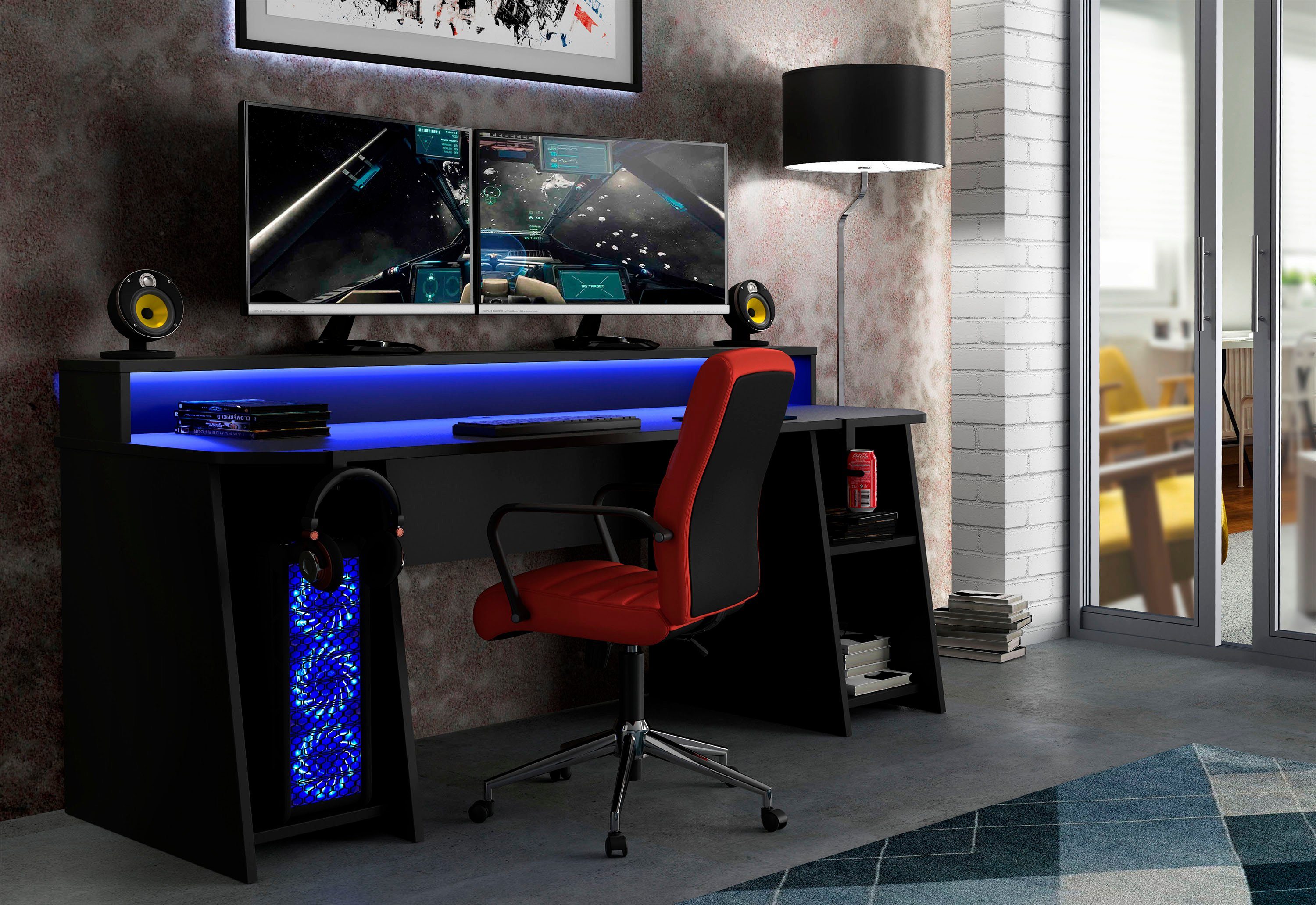 RGB-Beleuchtung cm Schreibtisch Halterungen, mit Gamingtisch Breite 200 Tezaur, und FORTE