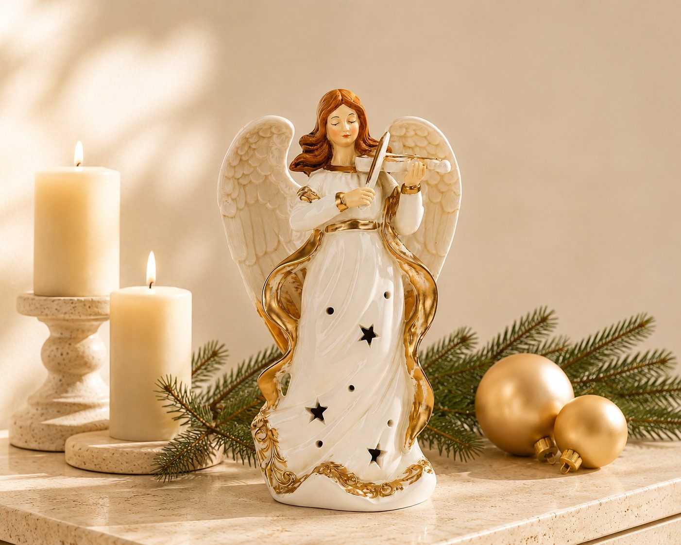 Wurm Engelfigur Deko Engel mit Geige aus Porzellan Weiß Gold 18 cm Weihnachtsfigur
