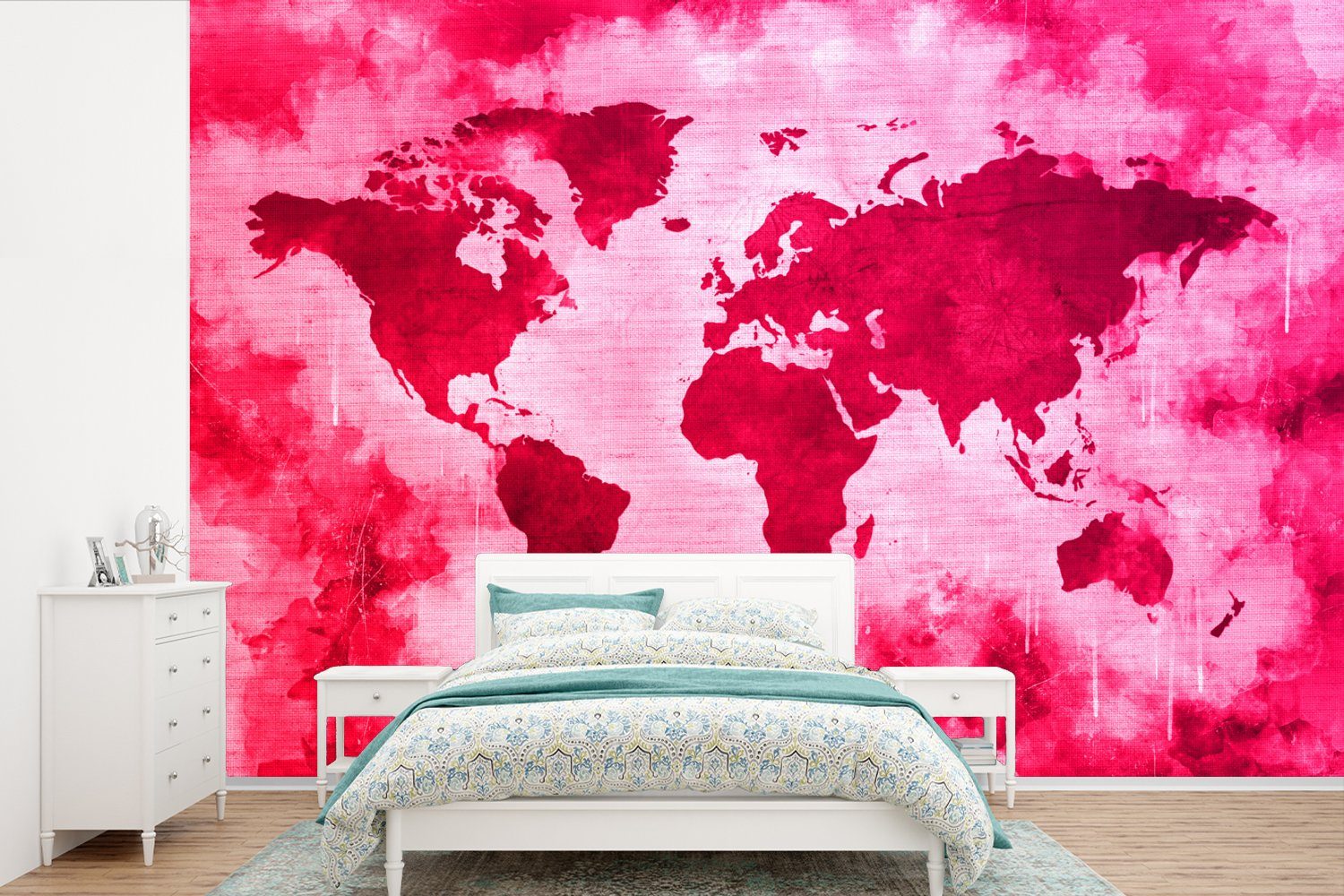 Rot Schlafzimmer, Matt, - Weltkarte St), Rosa, (6 Fototapete MuchoWow - Wohnzimmer, Kinderzimmer, bedruckt, Wallpaper für Vinyl Tapete